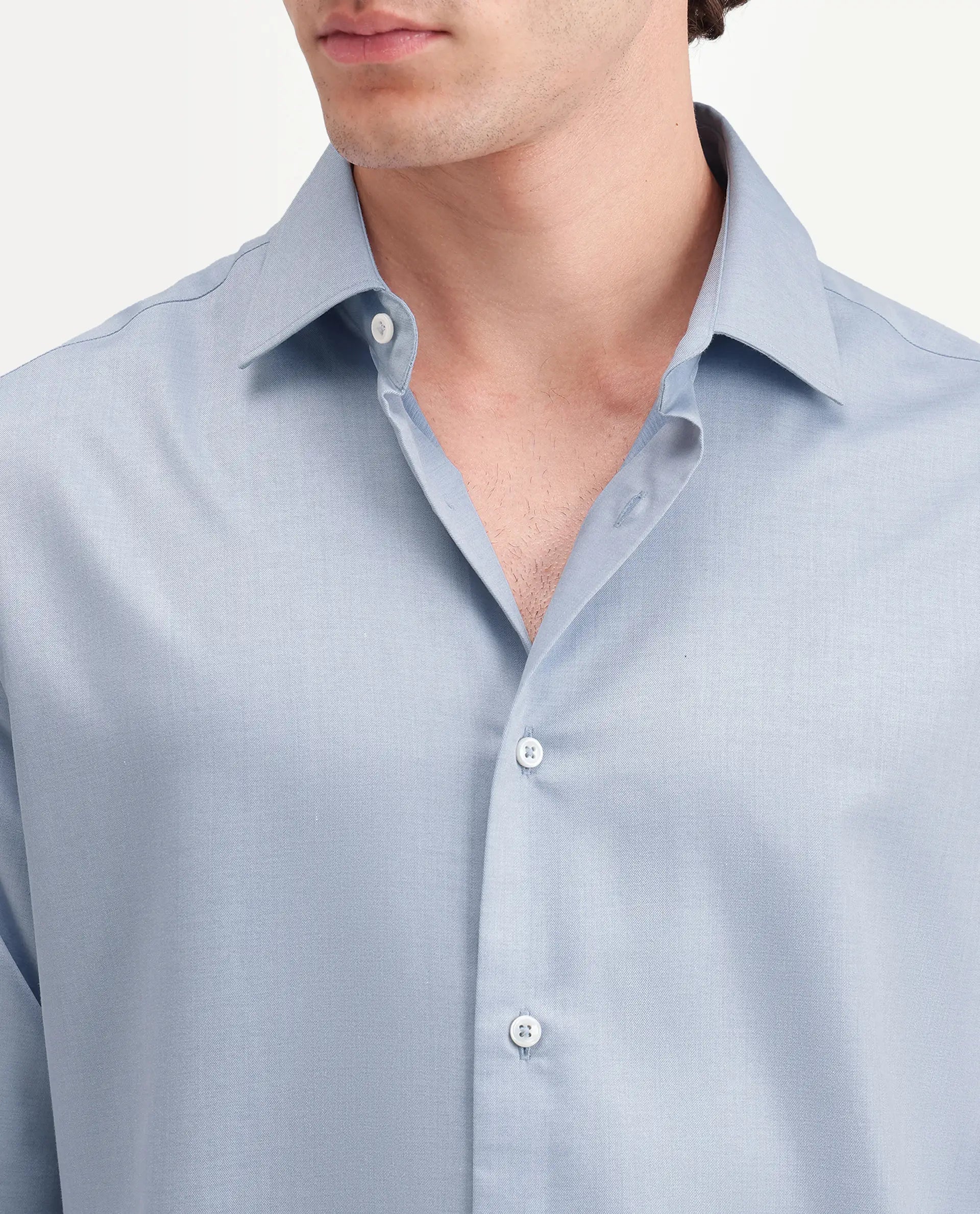 Rare Rabbit Men's Pine Primary Blue Bomboo Blend Spread Collar Button Regular Plain Shirt