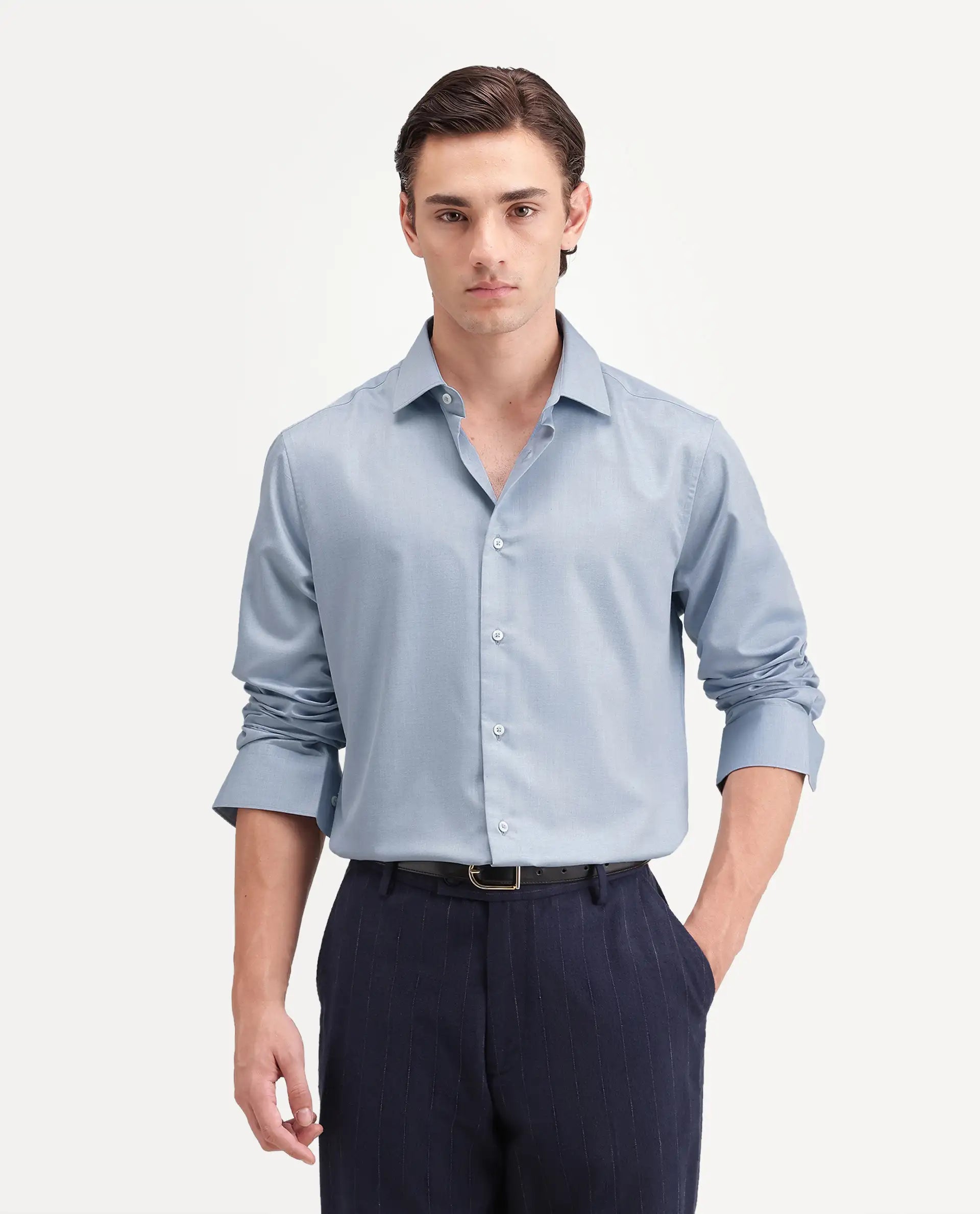 Rare Rabbit Men's Pine Primary Blue Bomboo Blend Spread Collar Button Regular Plain Shirt