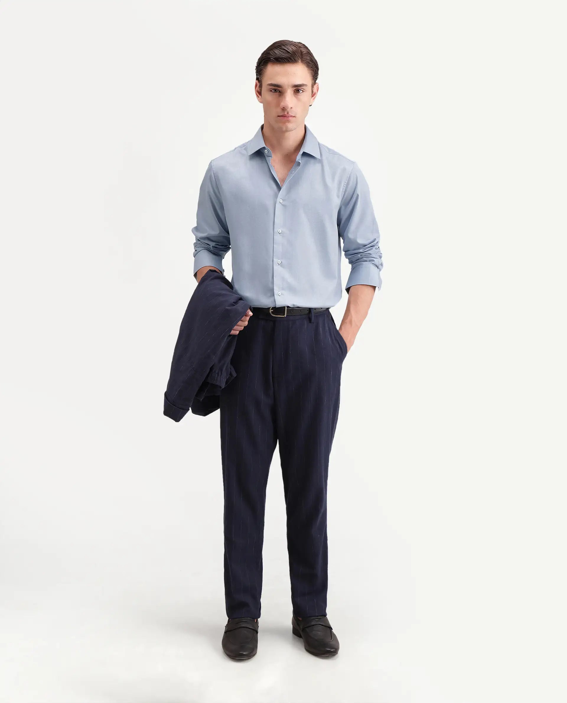 Rare Rabbit Men's Pine Primary Blue Bomboo Blend Spread Collar Button Regular Plain Shirt