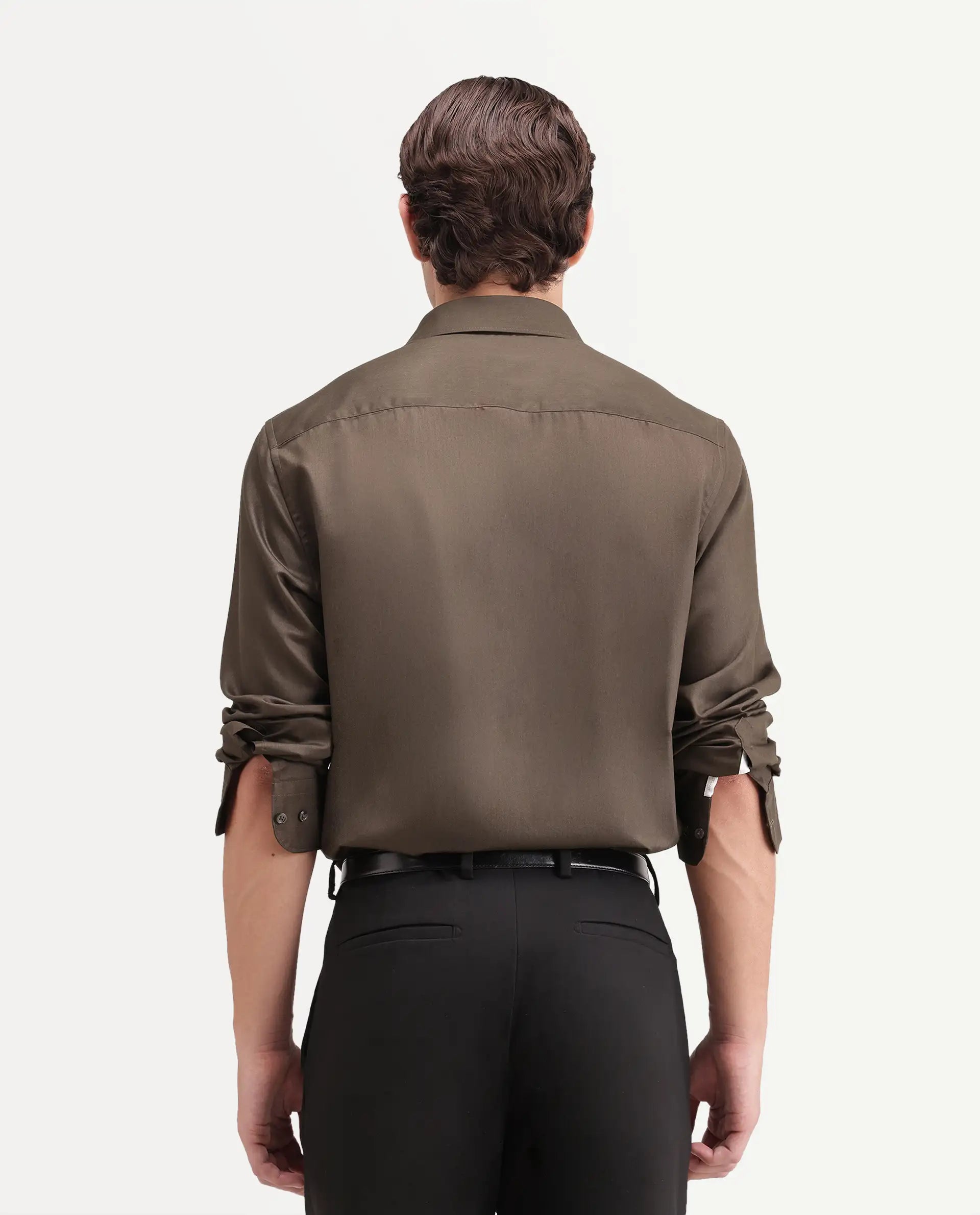 Rare Rabbit Men's Pine Dusky Olive Bomboo Blend Spread Collar Button Regular Plain Shirt