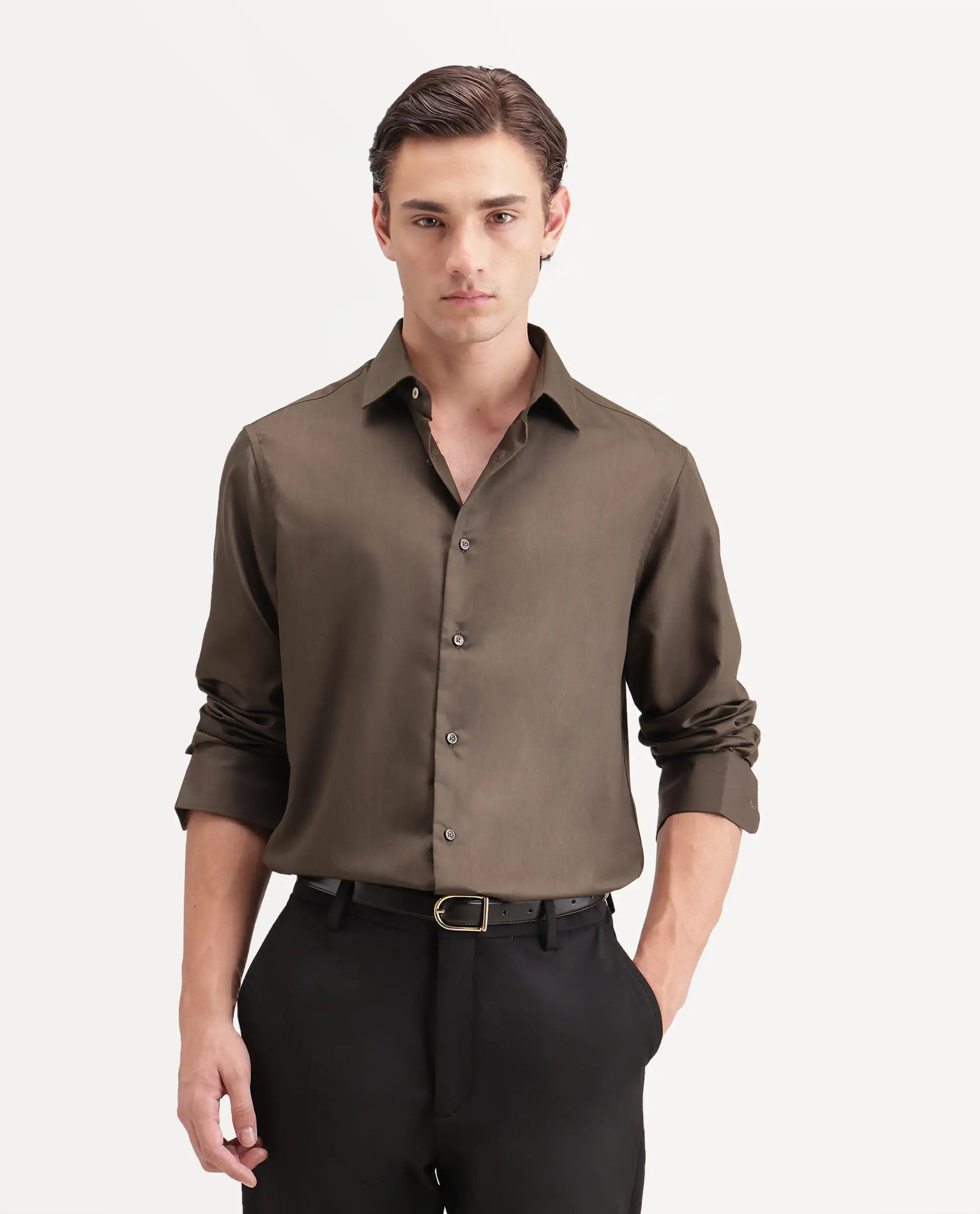 Rare Rabbit Men's Pine Dusky Olive Bomboo Blend Spread Collar Button Regular Plain Shirt