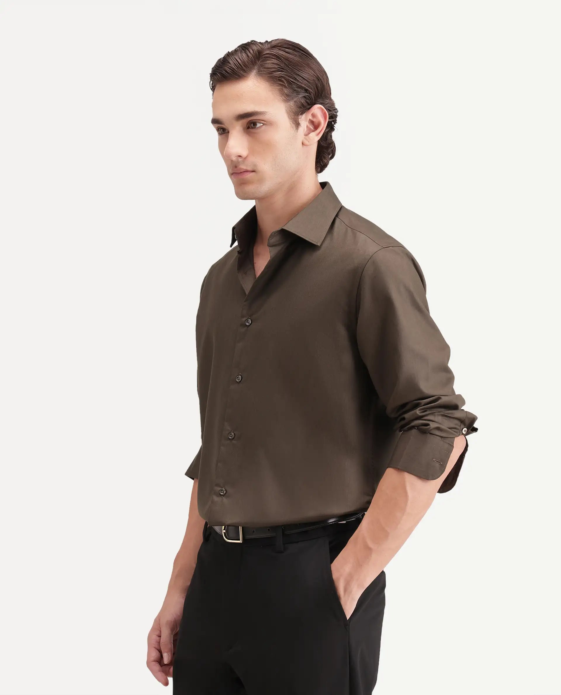 Rare Rabbit Men's Pine Dusky Olive Bomboo Blend Spread Collar Button Regular Plain Shirt
