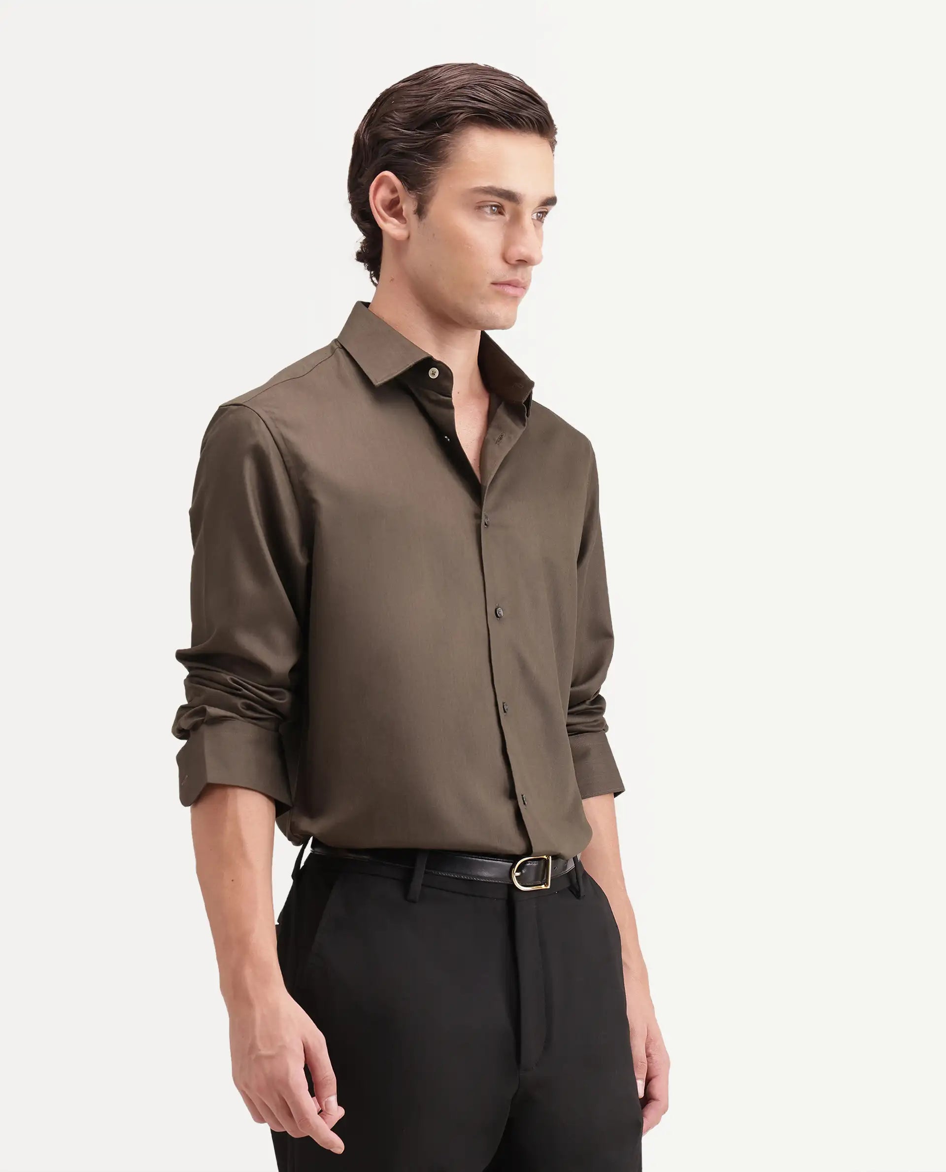 Rare Rabbit Men's Pine Dusky Olive Bomboo Blend Spread Collar Button Regular Plain Shirt