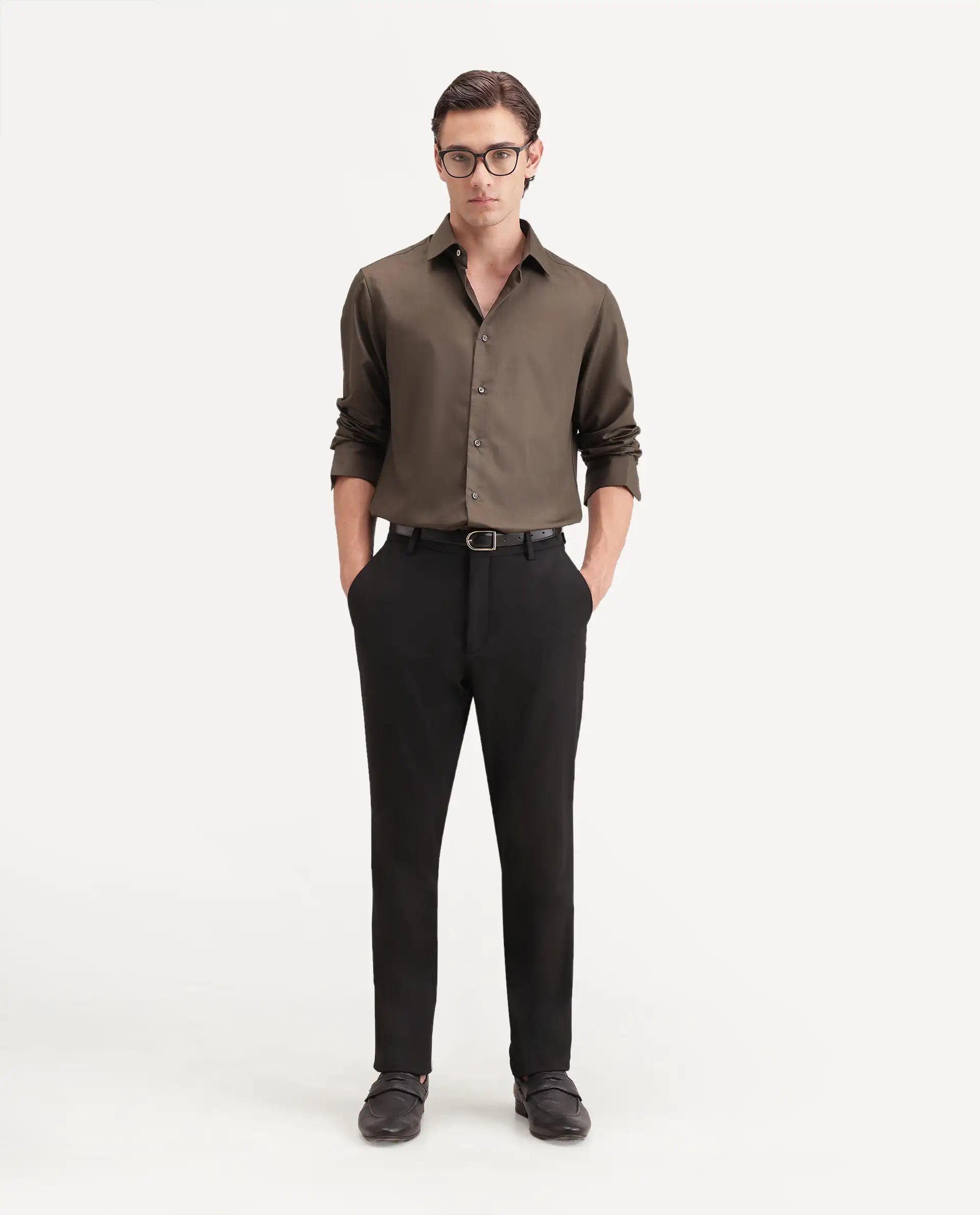 Rare Rabbit Men's Pine Dusky Olive Bomboo Blend Spread Collar Button Regular Plain Shirt