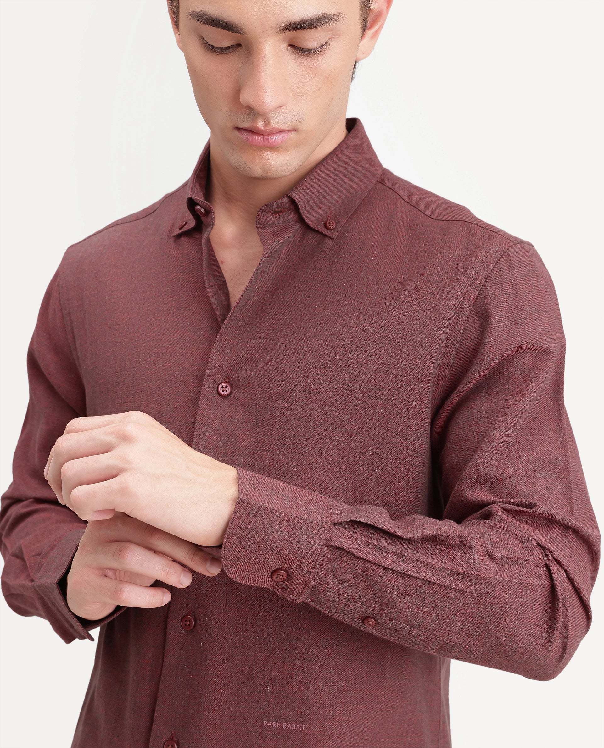 Rare Rabbit Men's Radio Dusky Red Cotton Spread Collar Button Regular Plain Shirt