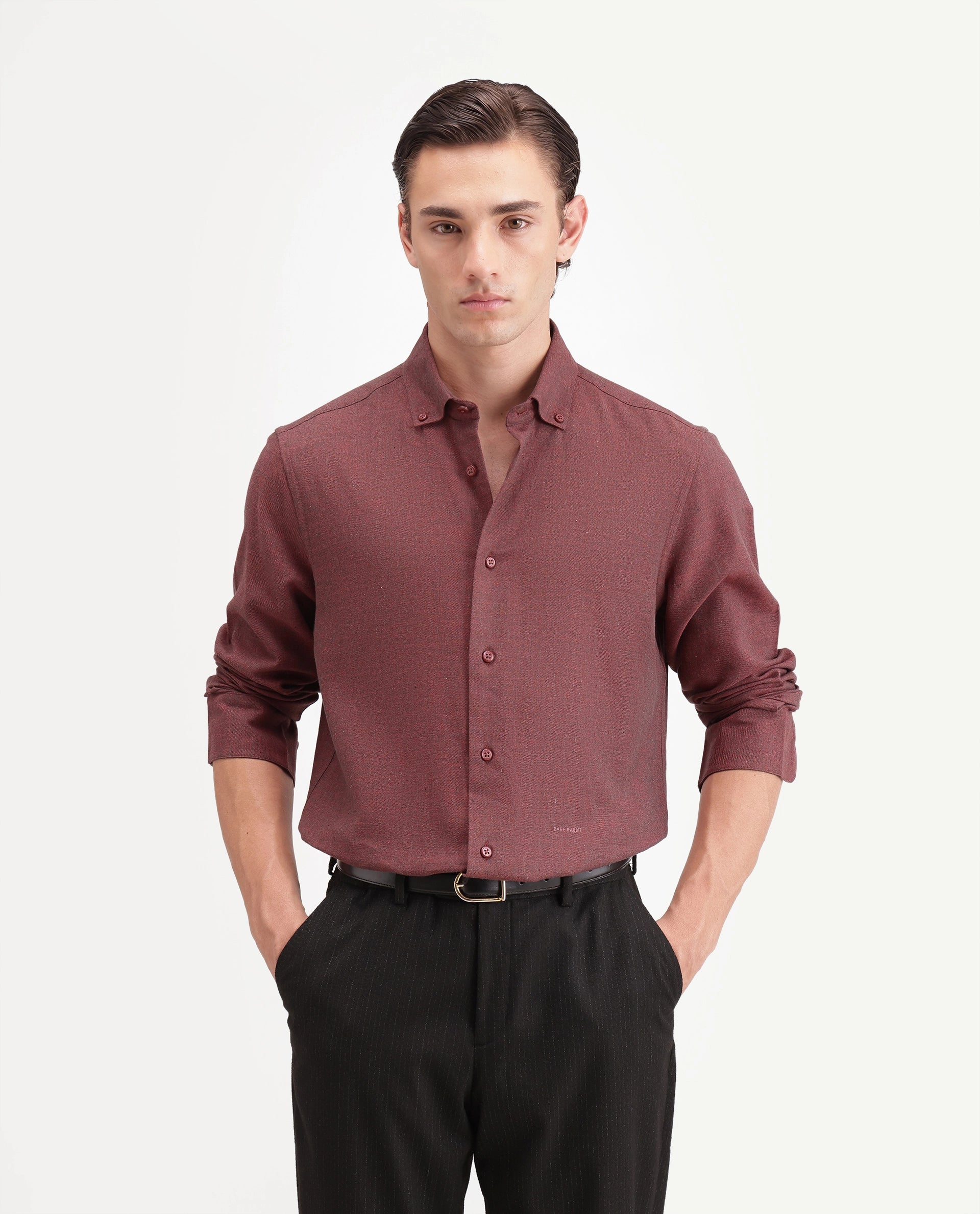 Rare Rabbit Men's Radio Dusky Red Cotton Spread Collar Button Regular Plain Shirt
