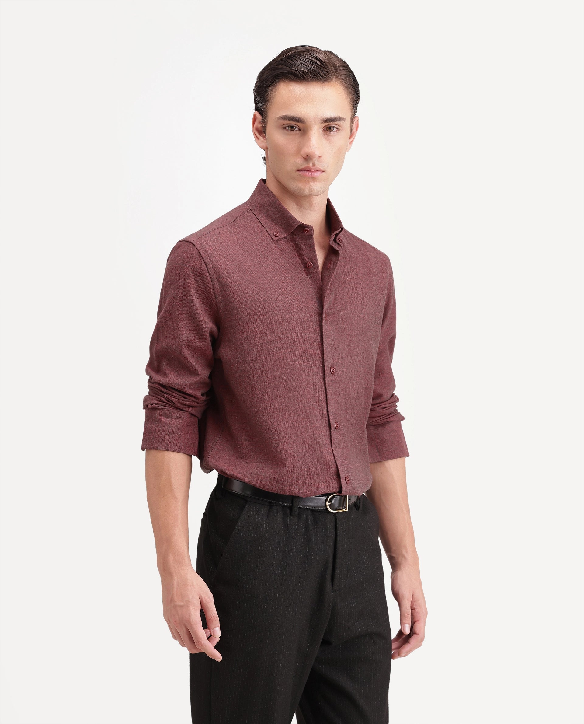 Rare Rabbit Men's Radio Dusky Red Cotton Spread Collar Button Regular Plain Shirt