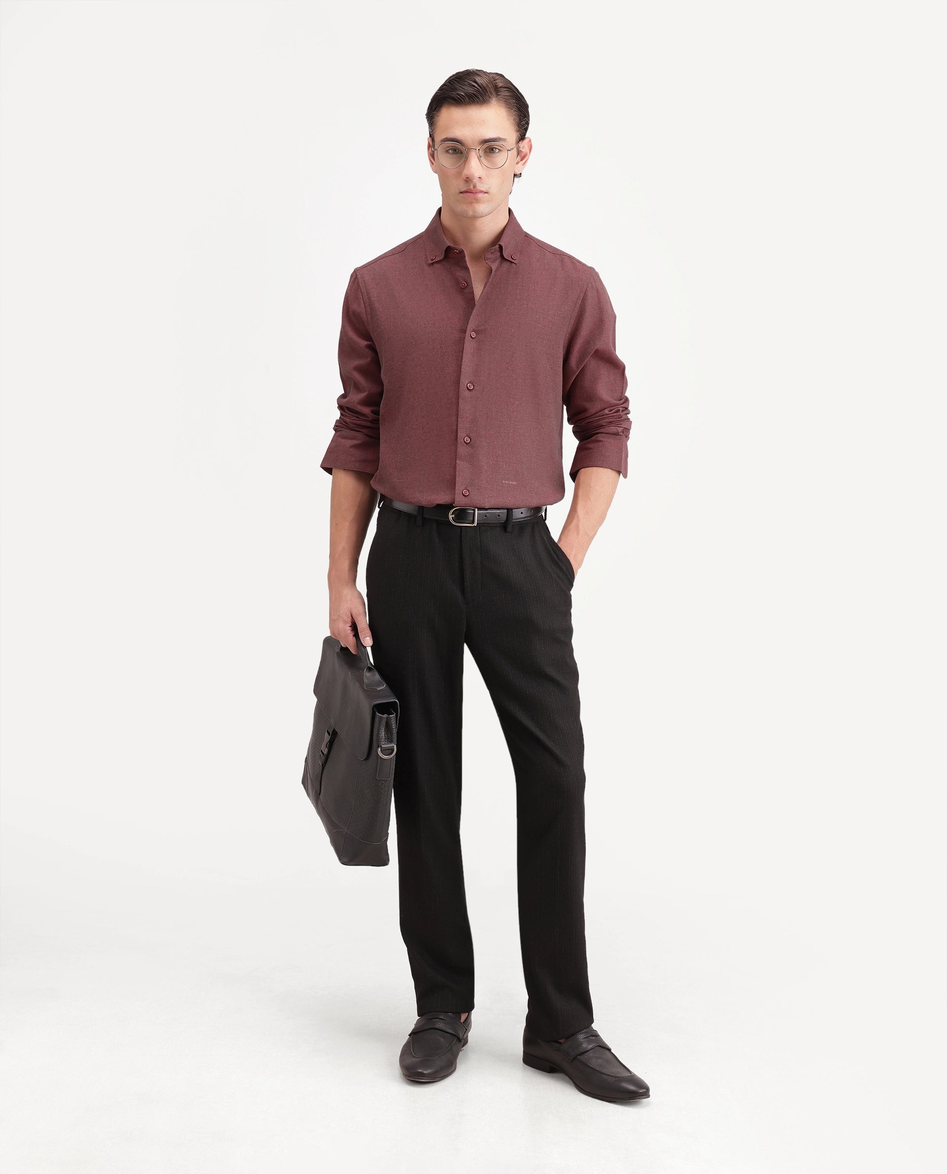 Rare Rabbit Men's Radio Dusky Red Cotton Spread Collar Button Regular Plain Shirt