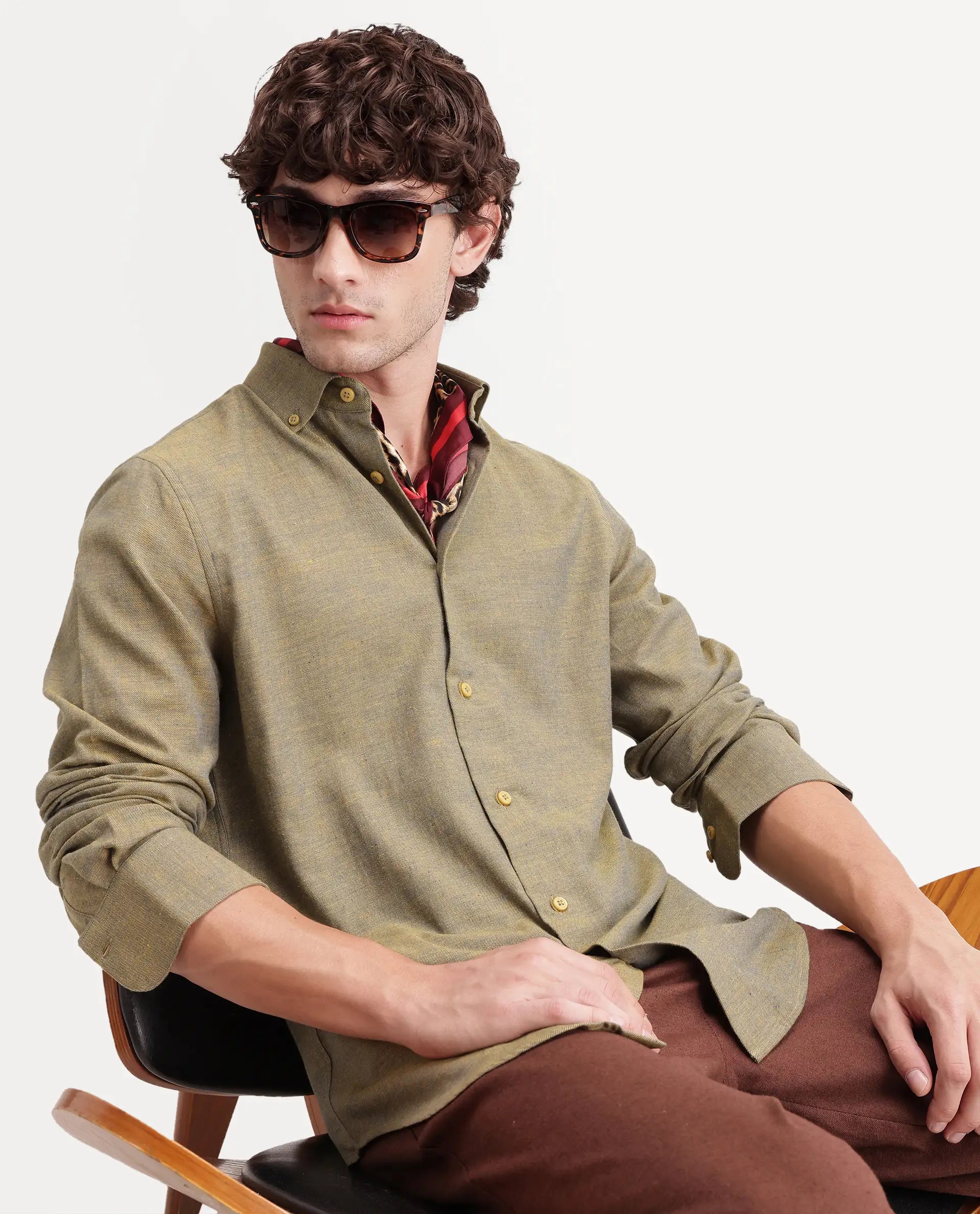 Rare Rabbit Men's Radio Dusky Mustard Cotton Spread Collar Button Regular Plain Shirt