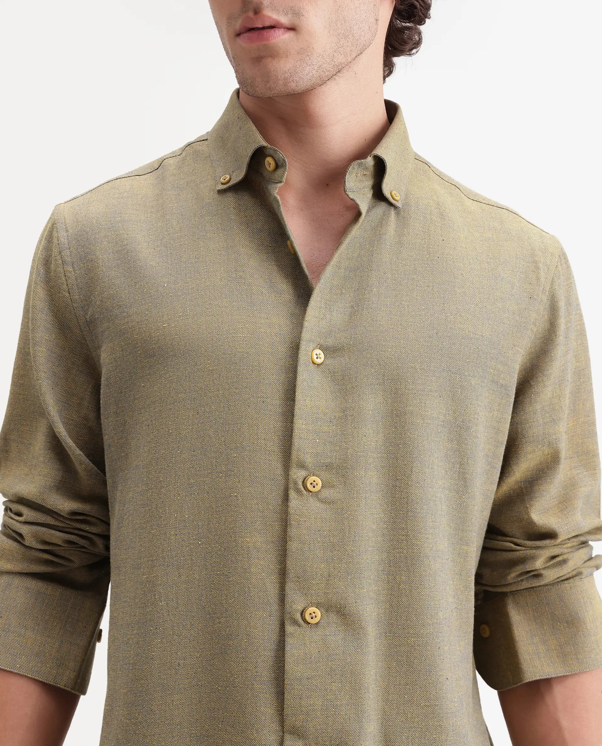 Rare Rabbit Men's Radio Dusky Mustard Cotton Spread Collar Button Regular Plain Shirt