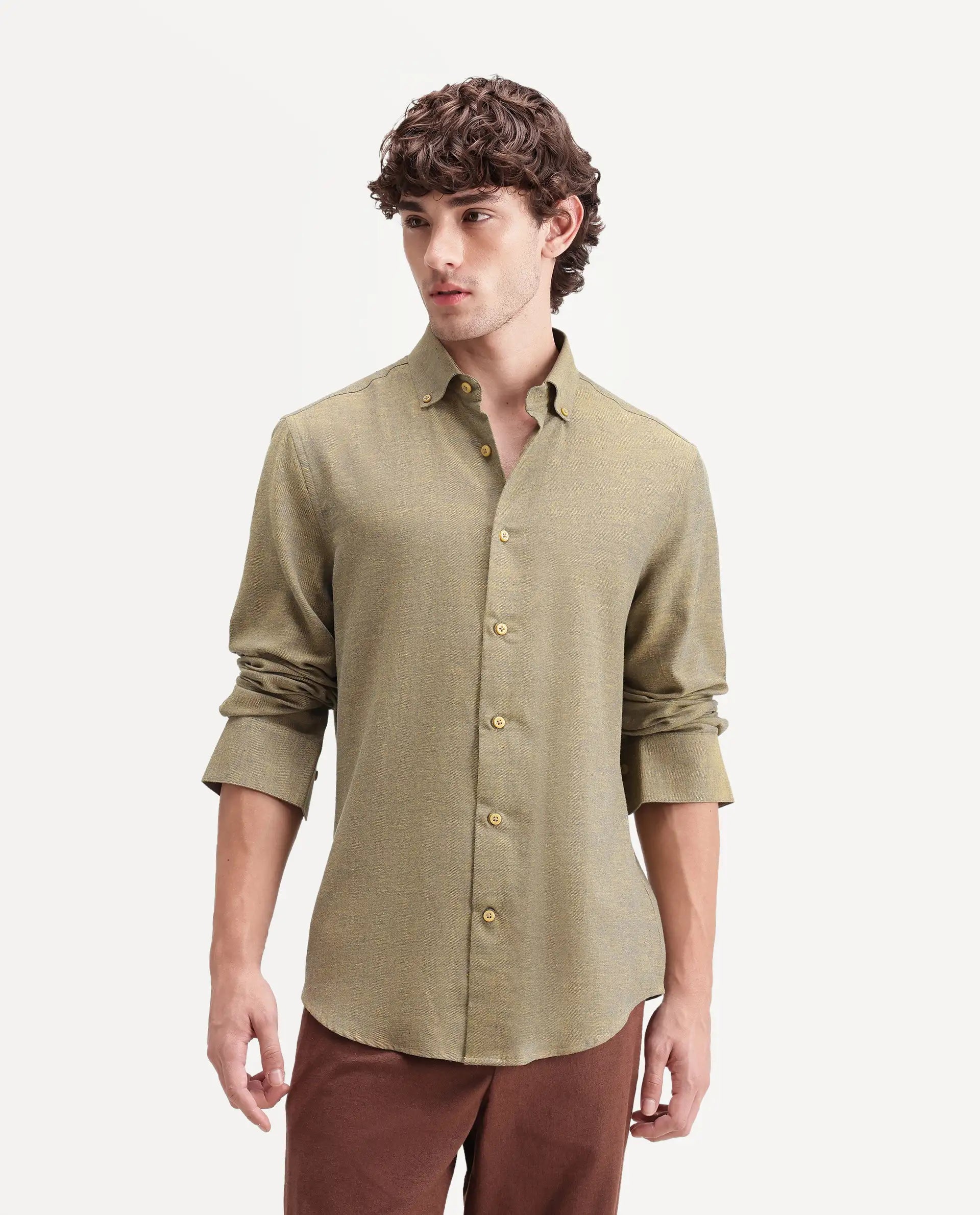 Rare Rabbit Men's Radio Dusky Mustard Cotton Spread Collar Button Regular Plain Shirt
