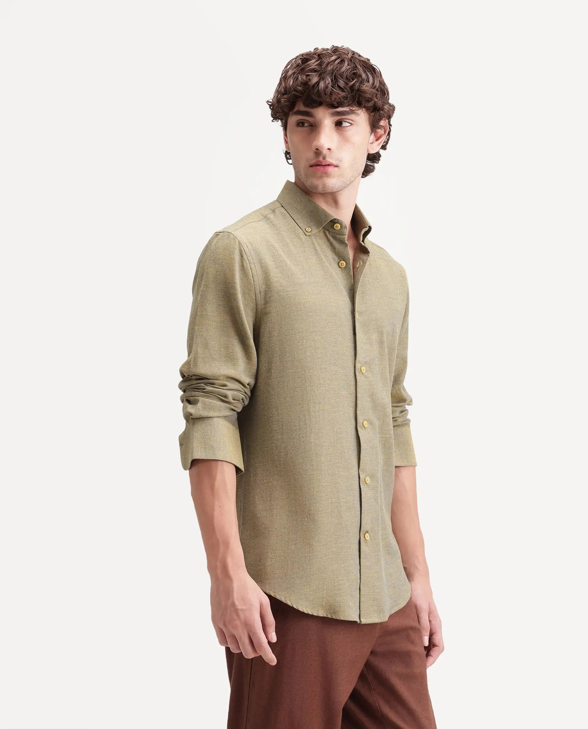 Rare Rabbit Men's Radio Dusky Mustard Cotton Spread Collar Button Regular Plain Shirt