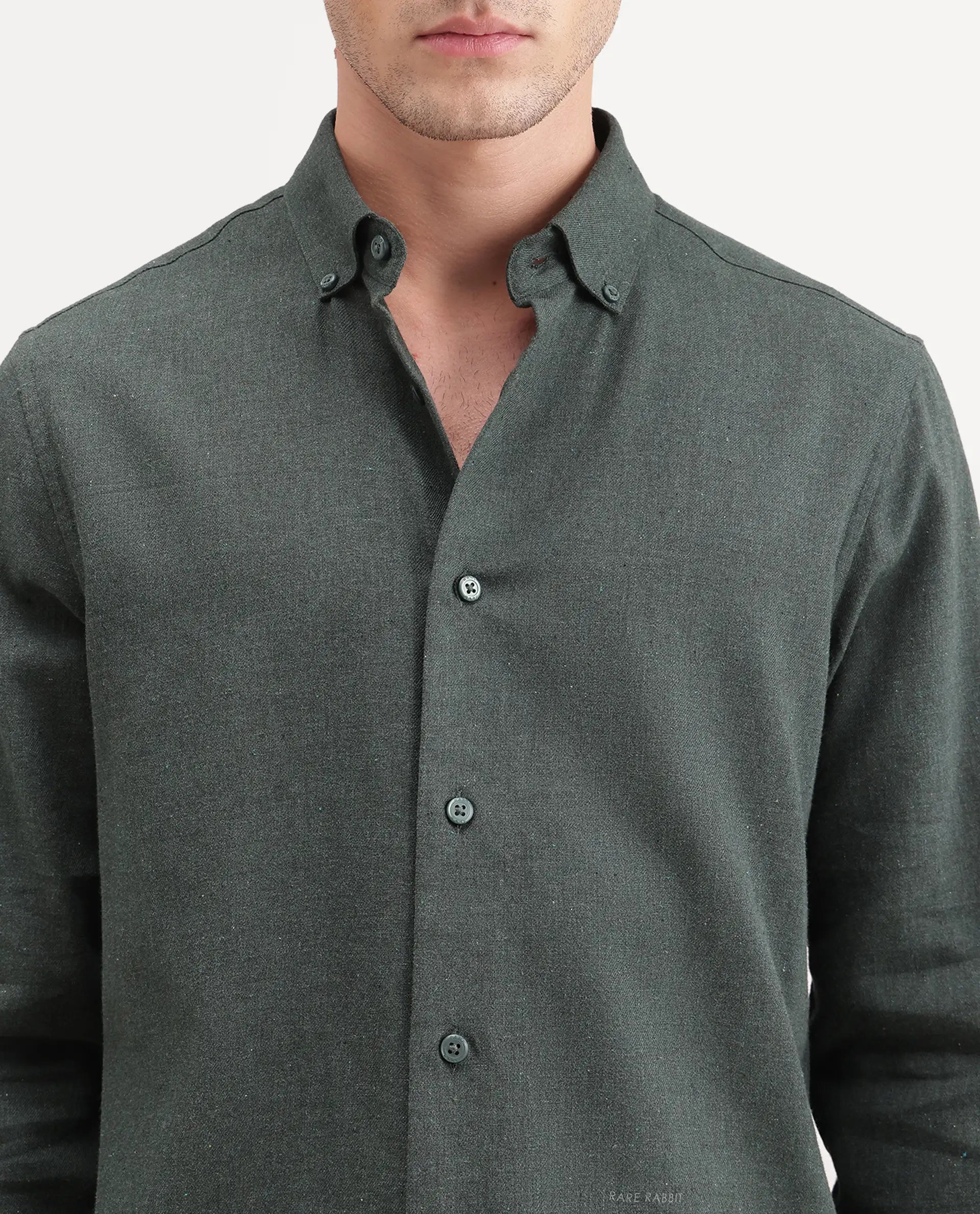 Rare Rabbit Men's Radio Dusky Green Cotton Spread Collar Button Regular Plain Shirt