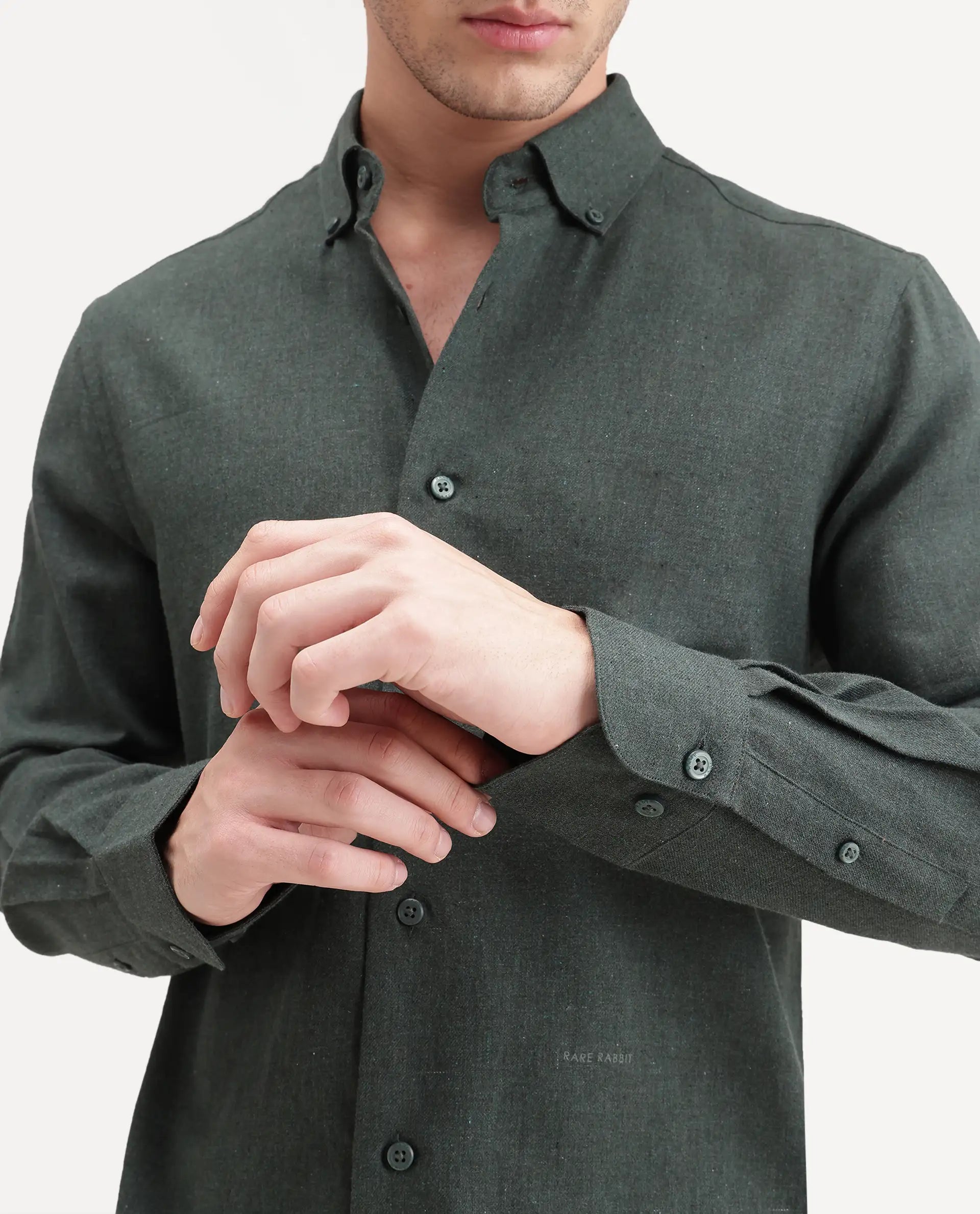 Rare Rabbit Men's Radio Dusky Green Cotton Spread Collar Button Regular Plain Shirt