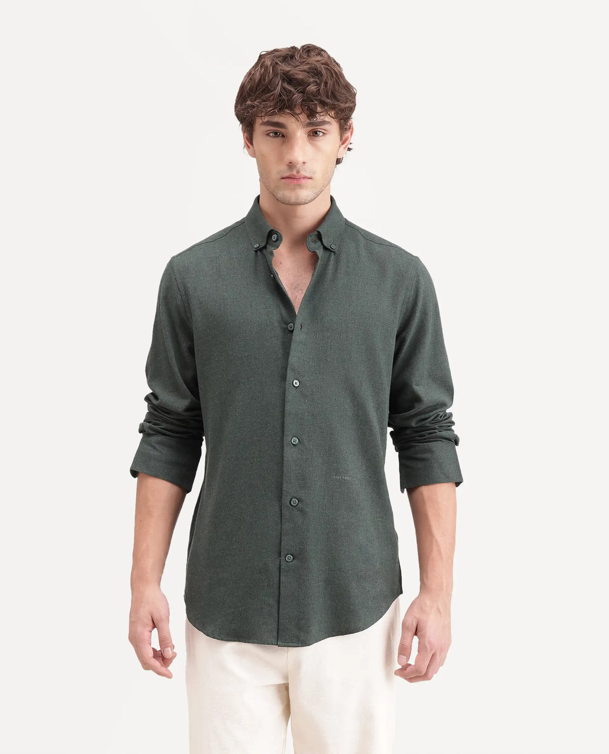 Rare Rabbit Men's Radio Dusky Green Cotton Spread Collar Button Regular Plain Shirt