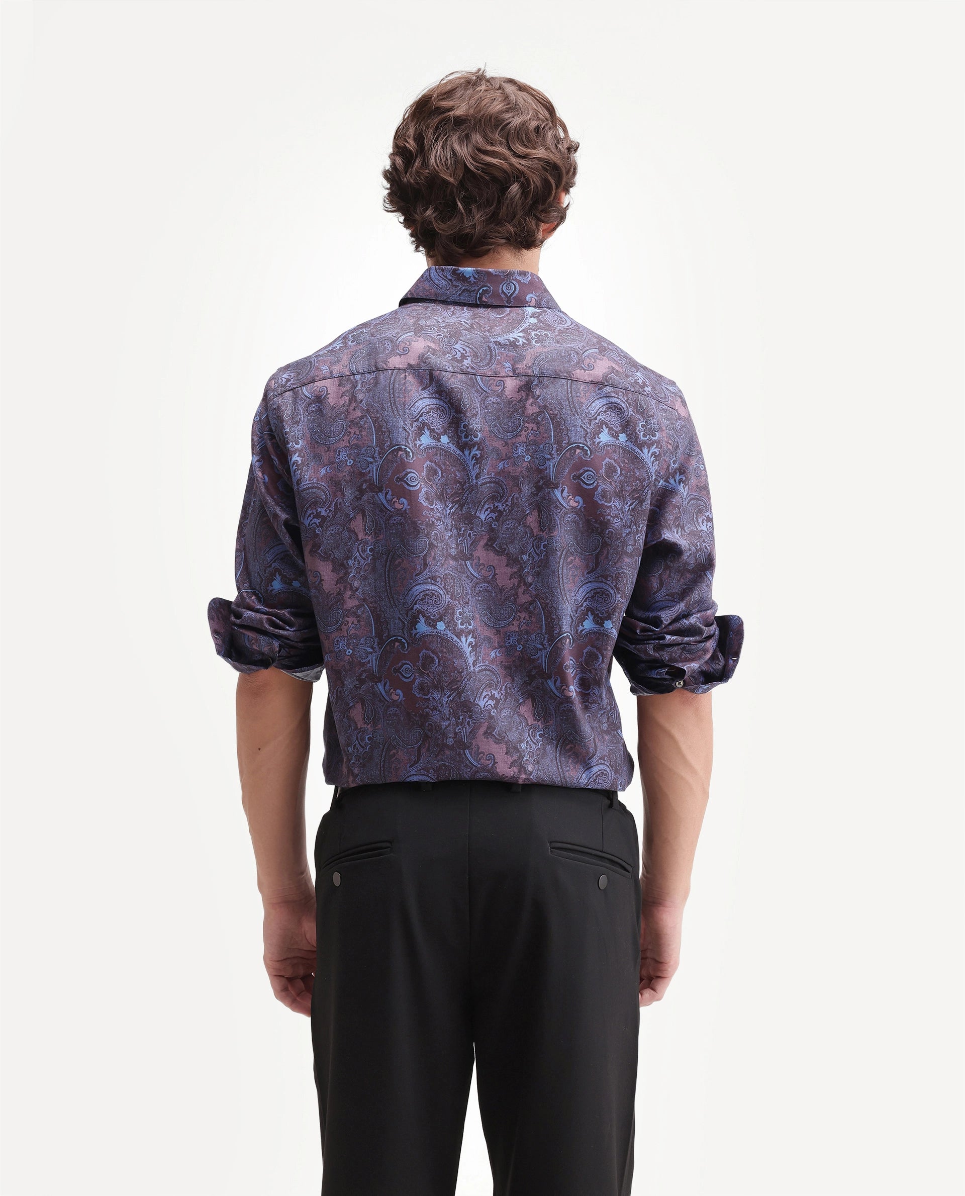 Rare Rabbit Men's Tie Dusky Maroon Cotton Blend Spread Collar Button Regular Paisley Print Shirt