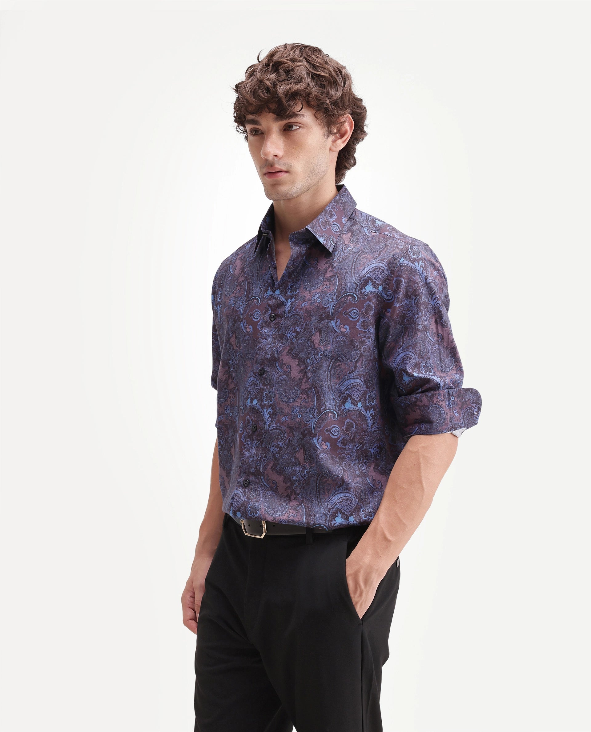 Rare Rabbit Men's Tie Dusky Maroon Cotton Blend Spread Collar Button Regular Paisley Print Shirt