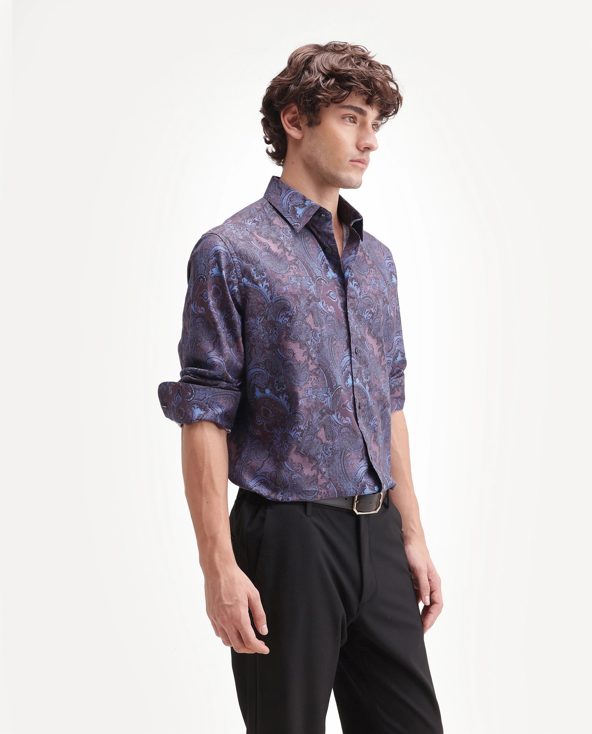 Rare Rabbit Men's Tie Dusky Maroon Cotton Blend Spread Collar Button Regular Paisley Print Shirt