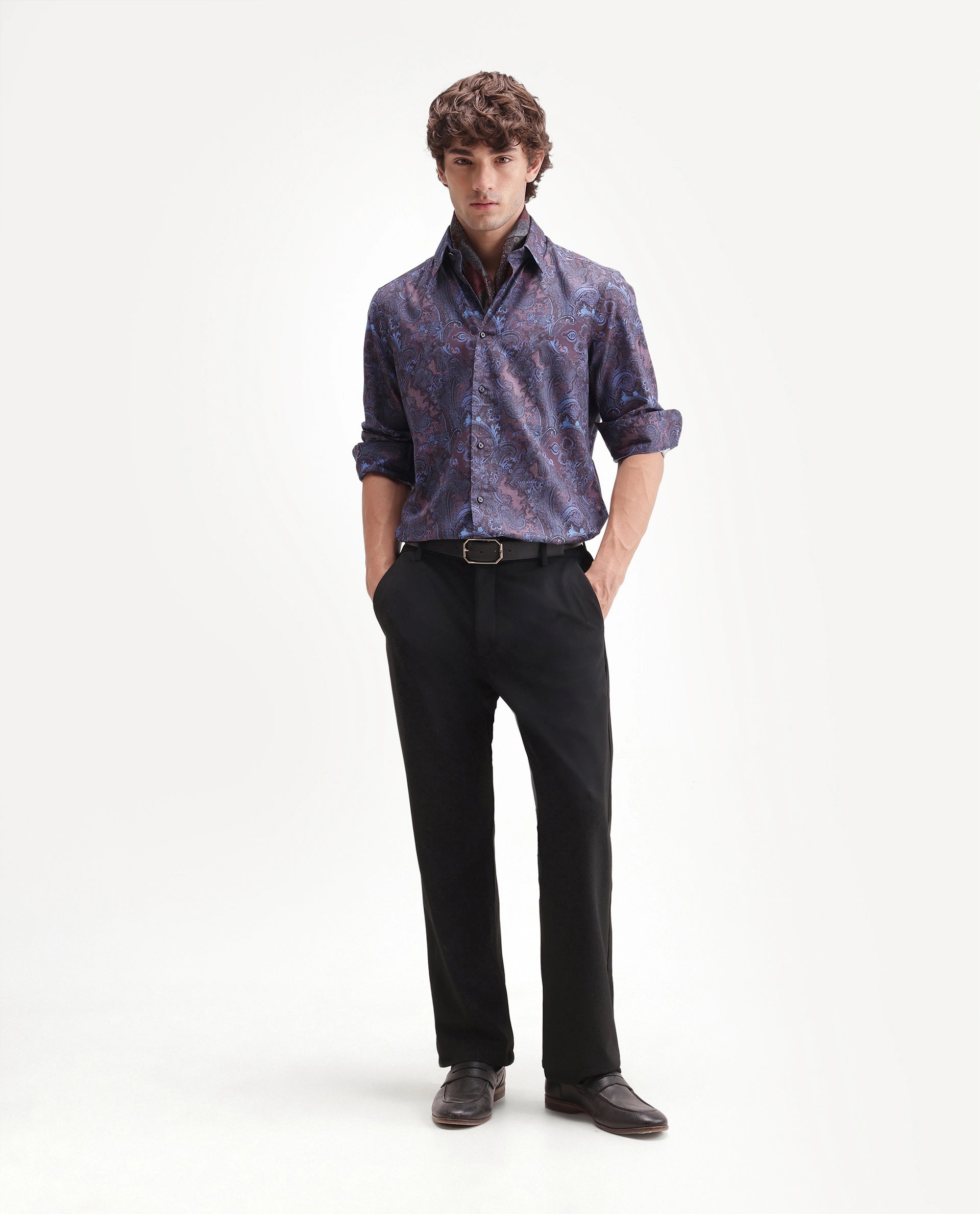 Rare Rabbit Men's Tie Dusky Maroon Cotton Blend Spread Collar Button Regular Paisley Print Shirt