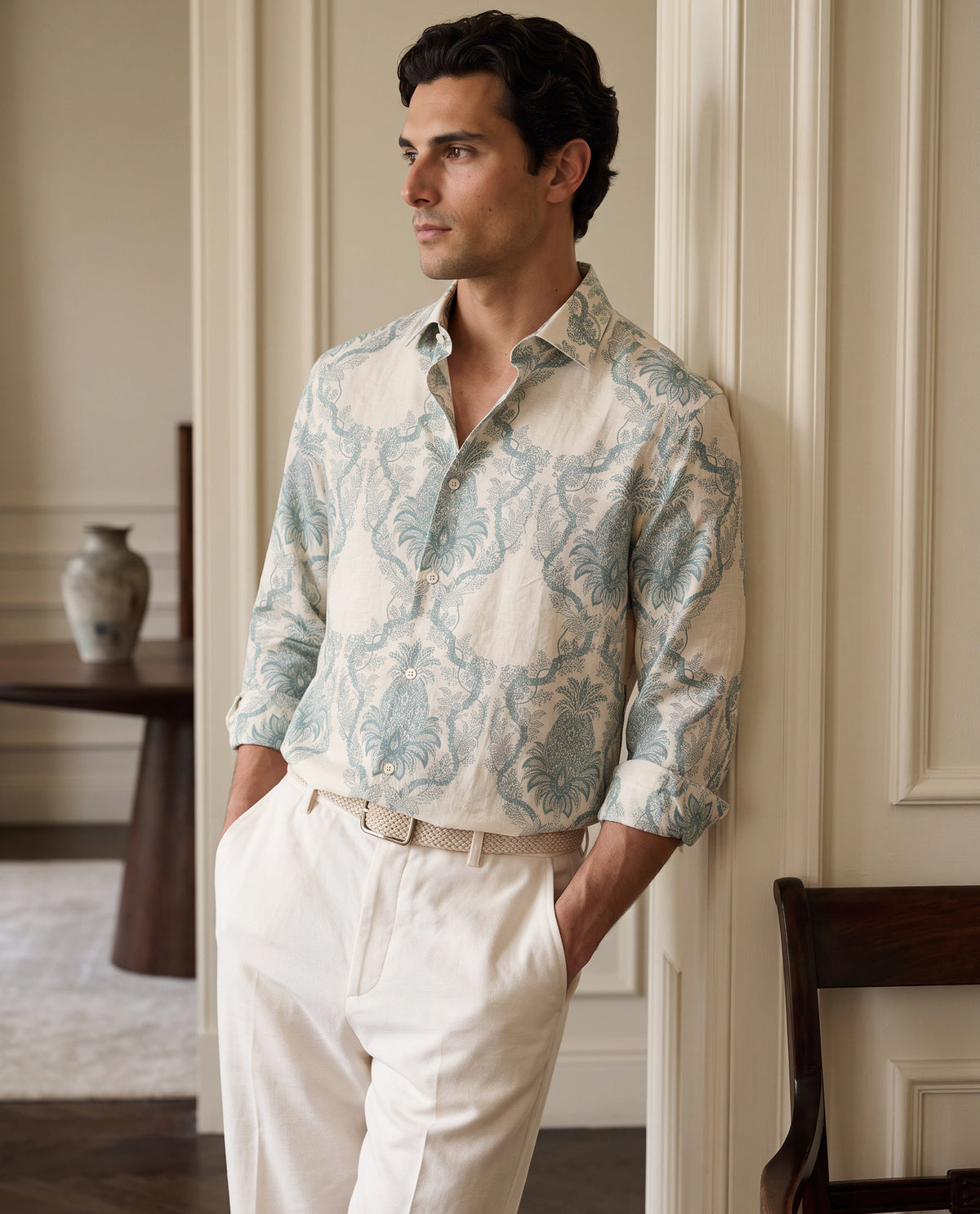 Rare Rabbit Men's Lorat-26 Primary White Viscose Blend Spread Collar Button Regular Tropical Print Shirt
