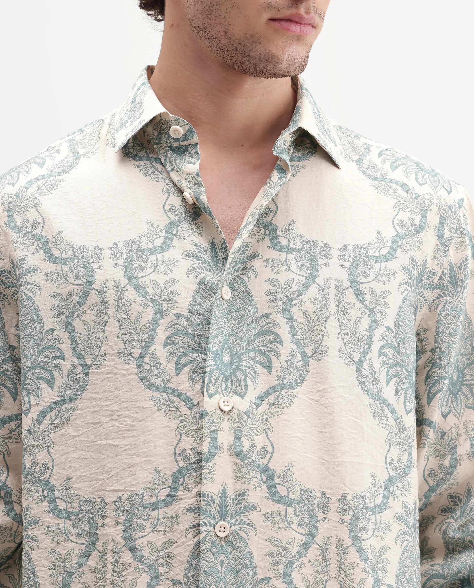 Rare Rabbit Men's Lorat-26 Primary White Viscose Blend Spread Collar Button Regular Tropical Print Shirt