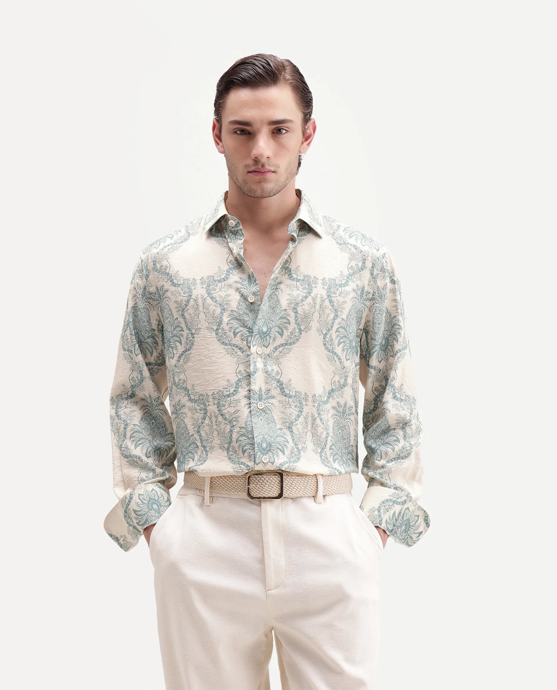 Rare Rabbit Men's Lorat-26 Primary White Viscose Blend Spread Collar Button Regular Tropical Print Shirt