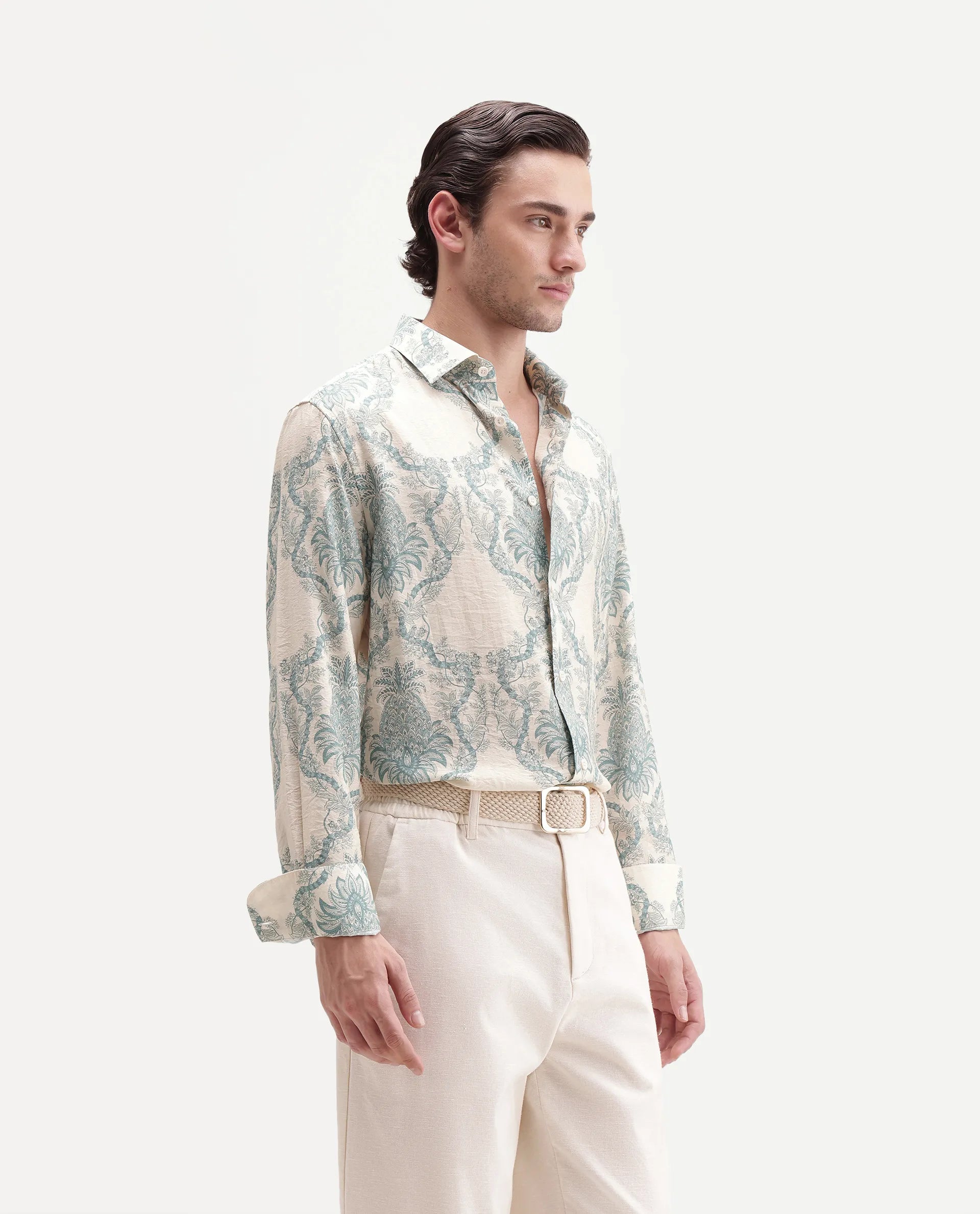 Rare Rabbit Men's Lorat-26 Primary White Viscose Blend Spread Collar Button Regular Tropical Print Shirt