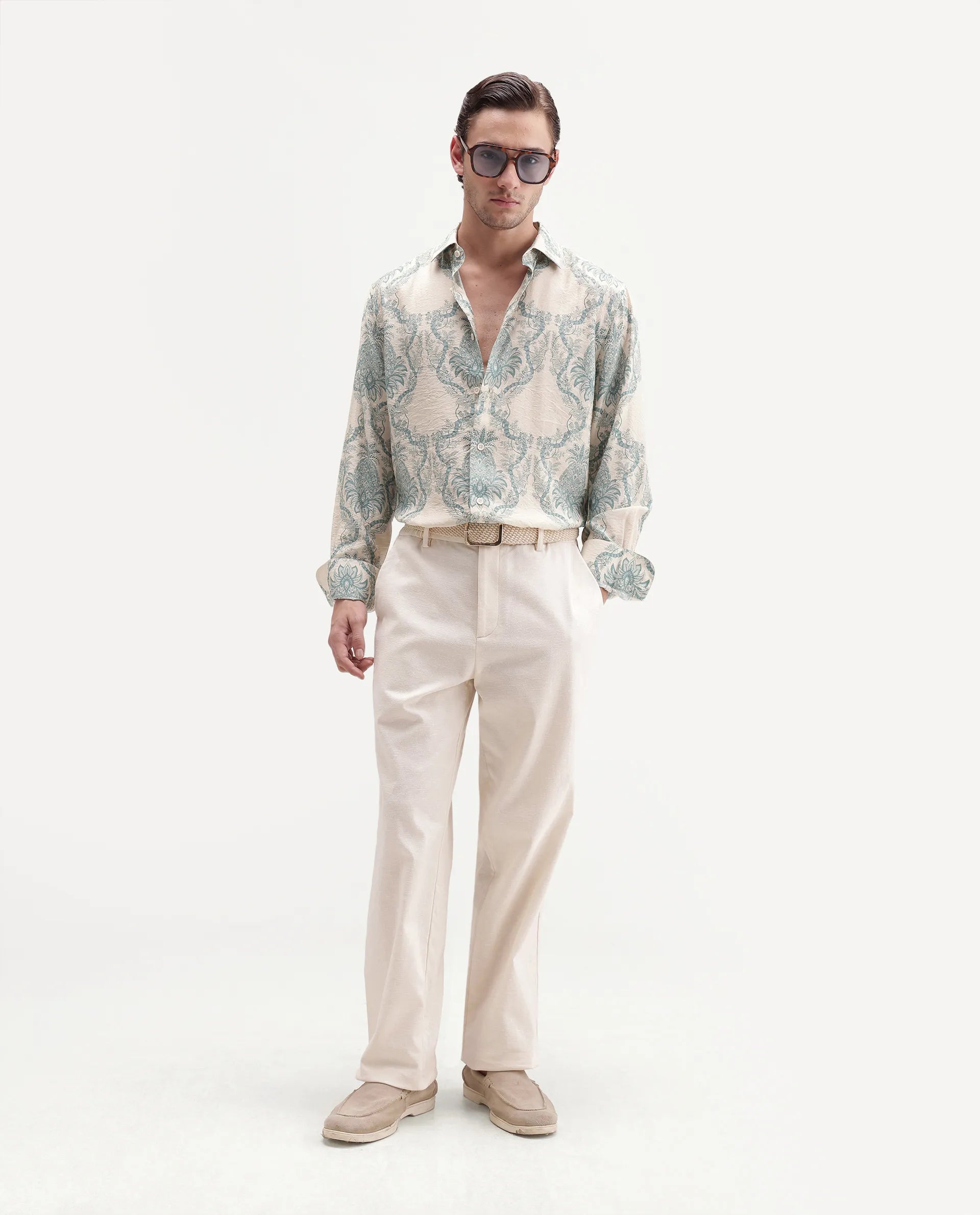 Rare Rabbit Men's Lorat-26 Primary White Viscose Blend Spread Collar Button Regular Tropical Print Shirt