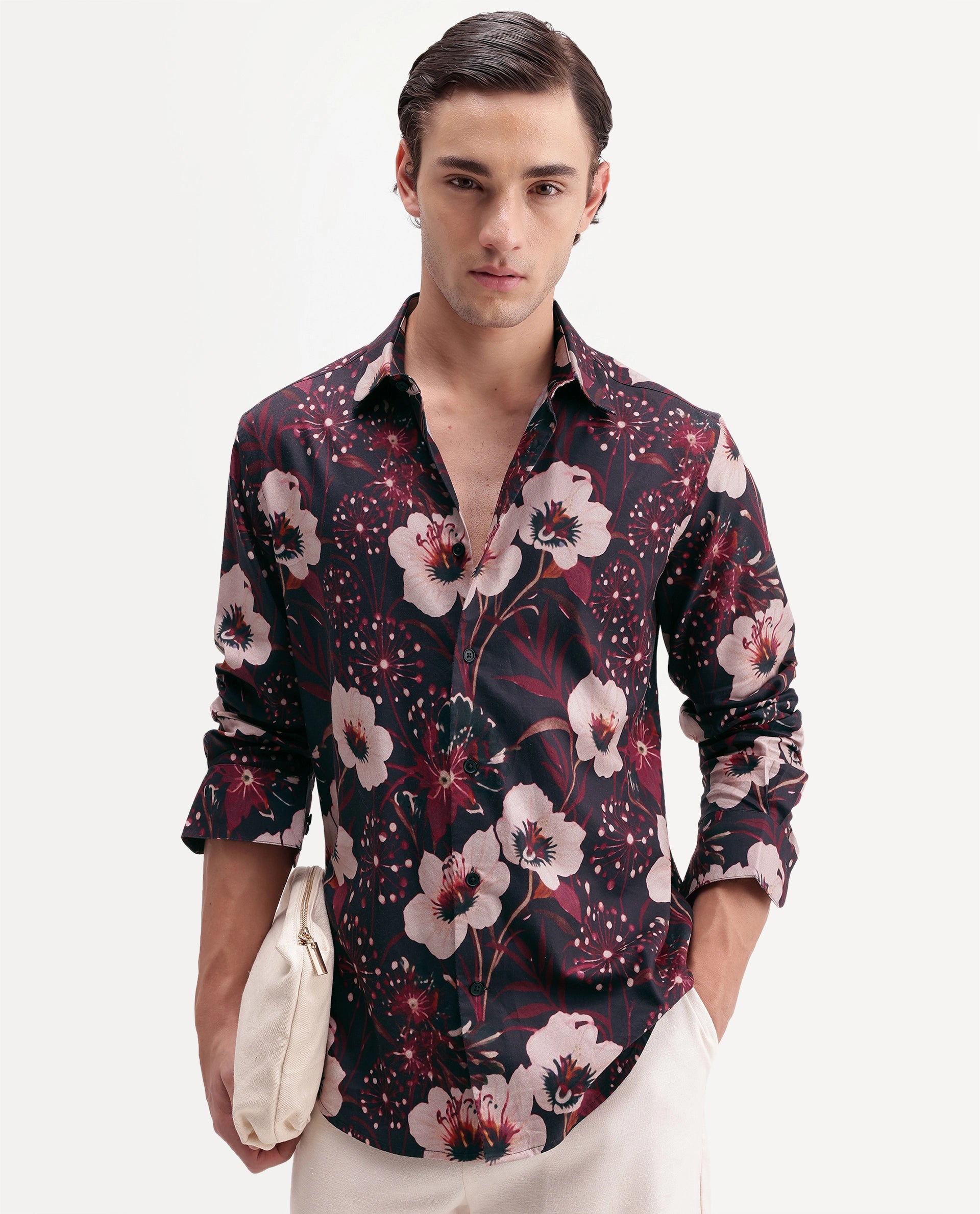 Rare Rabbit Men's Pomo Primary Black Cotton Blend Spread Collar Button Regular Floral Print Shirt
