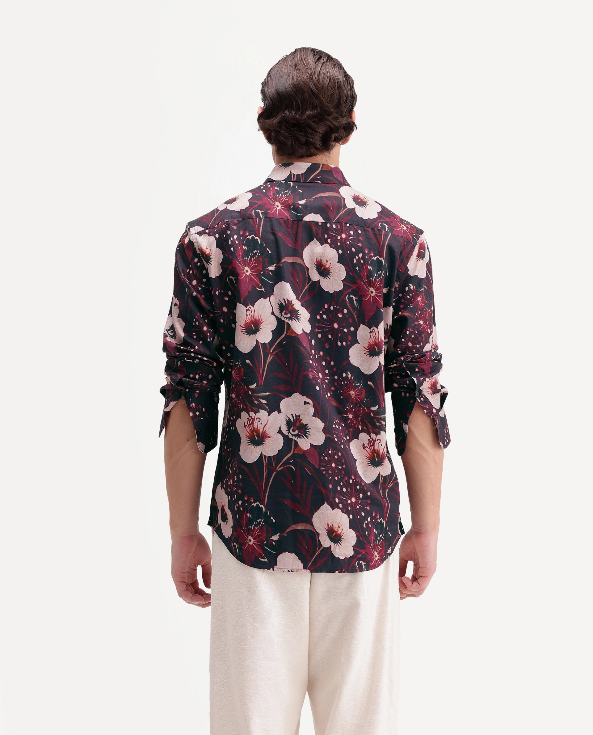 Rare Rabbit Men's Pomo Primary Black Cotton Blend Spread Collar Button Regular Floral Print Shirt