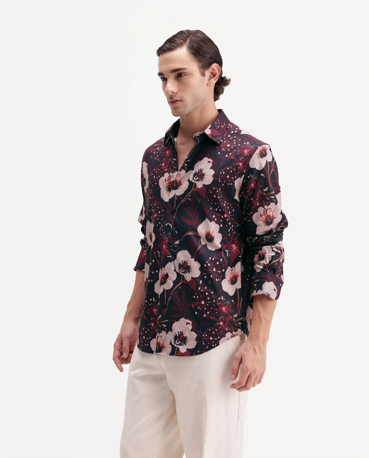 Rare Rabbit Men's Pomo Primary Black Cotton Blend Spread Collar Button Regular Floral Print Shirt