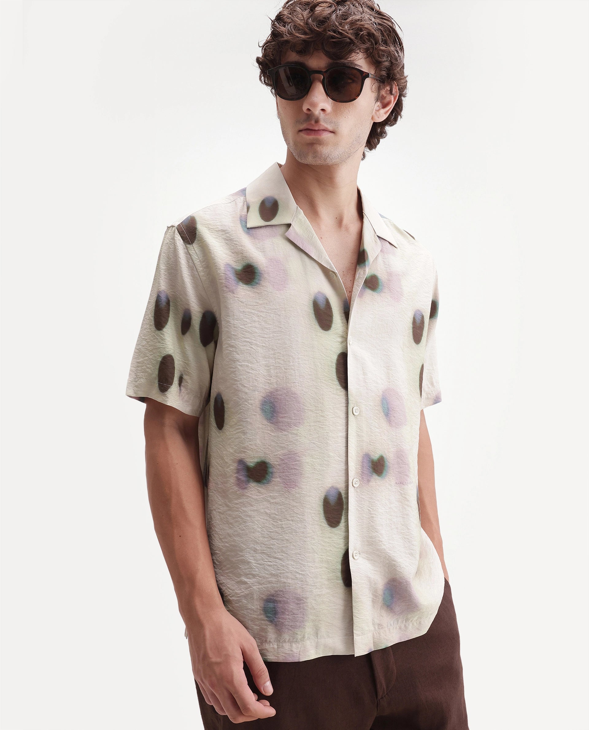 Rare Rabbit Men's Kolp Primary White Viscose Blend Cuban Collar Button Relaxed Polka Print Shirt