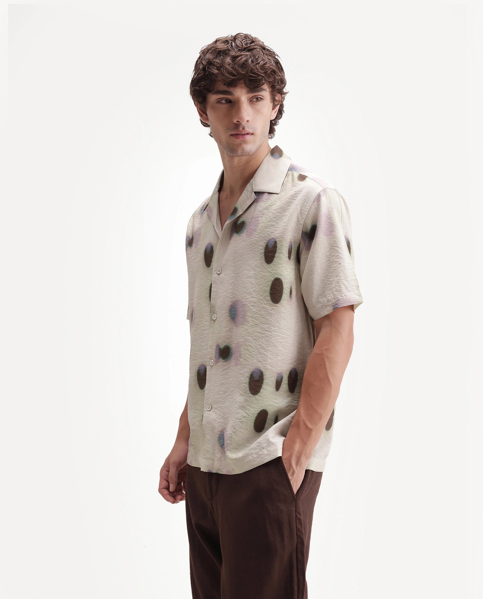 Rare Rabbit Men's Kolp Primary White Viscose Blend Cuban Collar Button Relaxed Polka Print Shirt