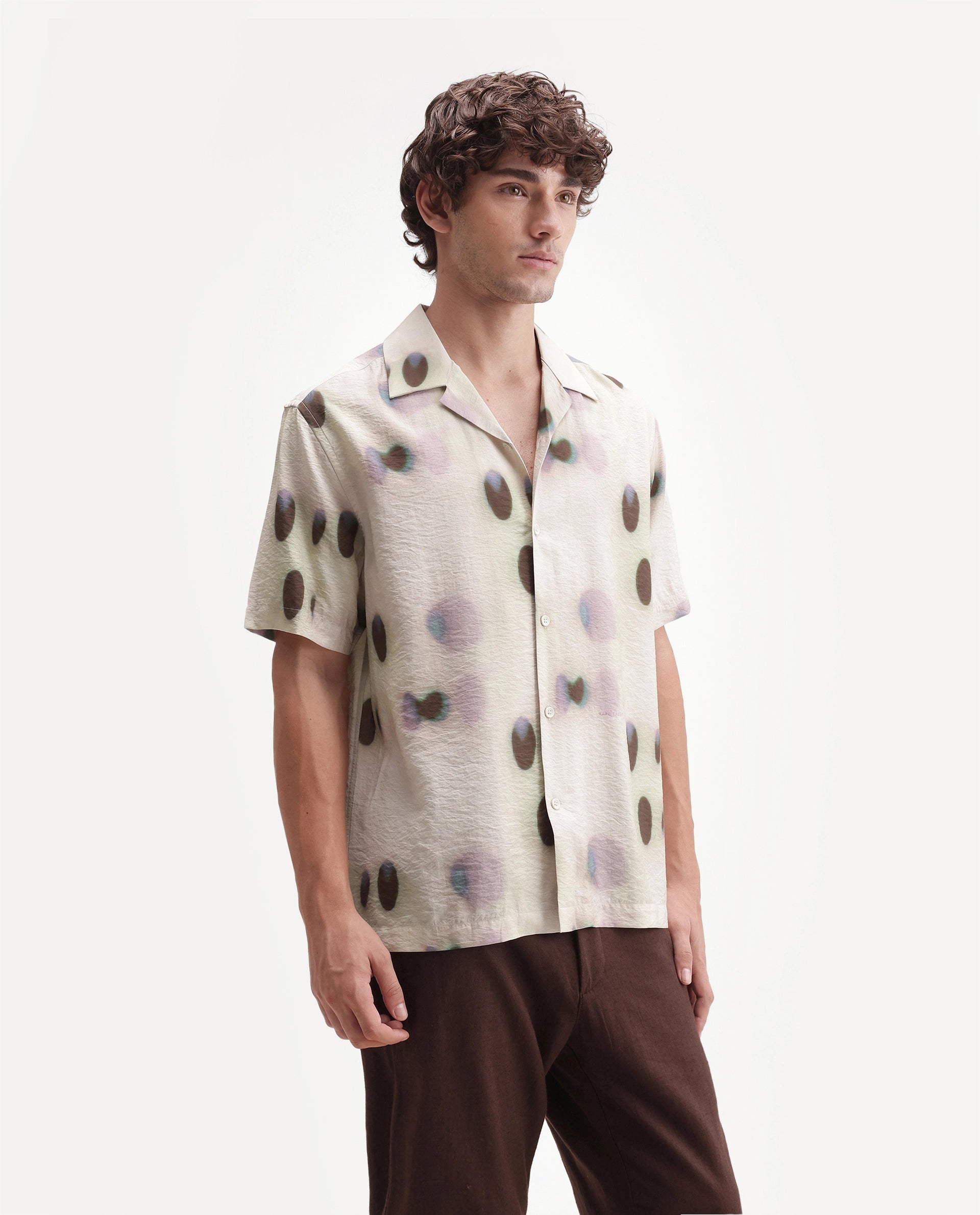 Rare Rabbit Men's Kolp Primary White Viscose Blend Cuban Collar Button Relaxed Polka Print Shirt