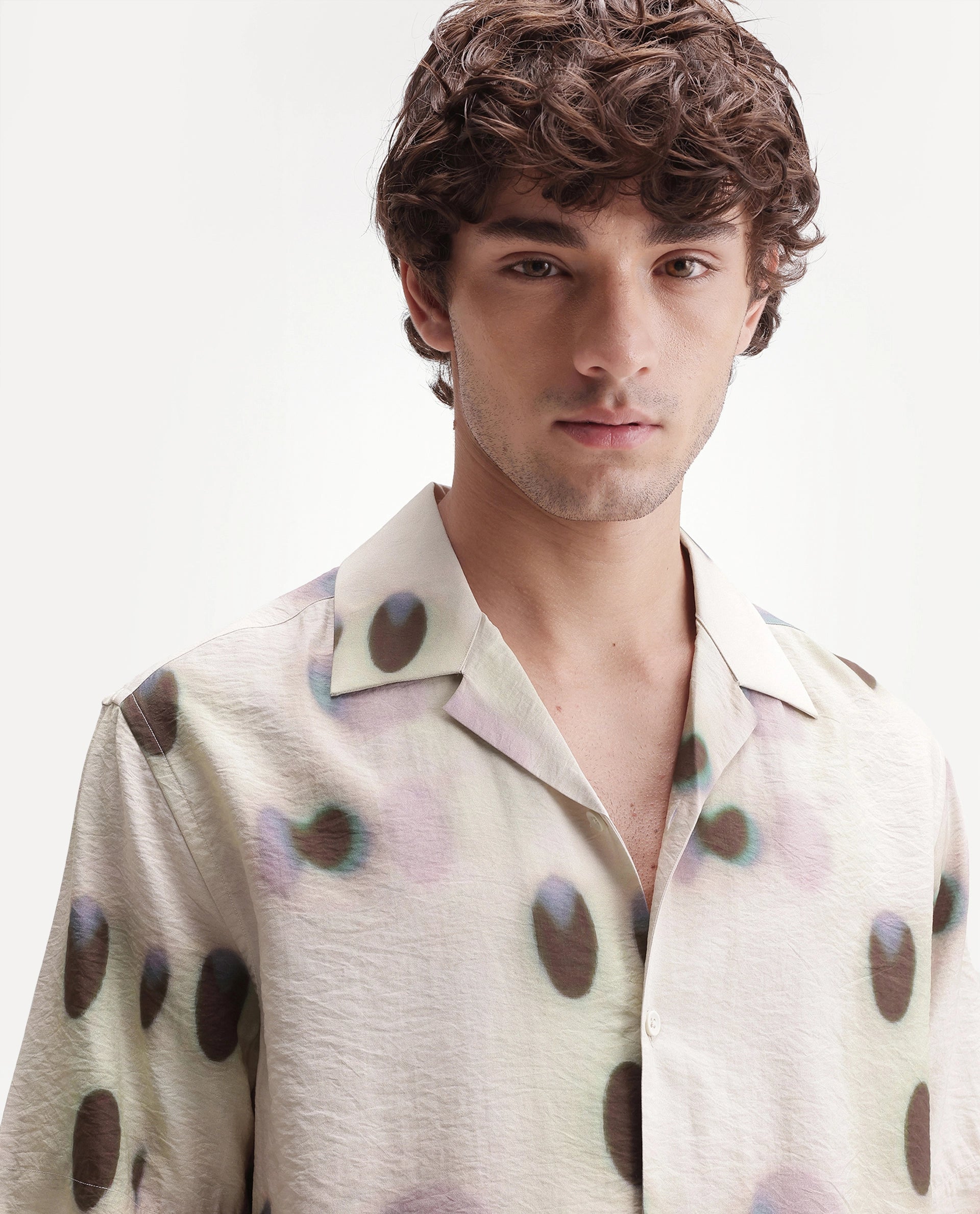 Rare Rabbit Men's Kolp Primary White Viscose Blend Cuban Collar Button Relaxed Polka Print Shirt