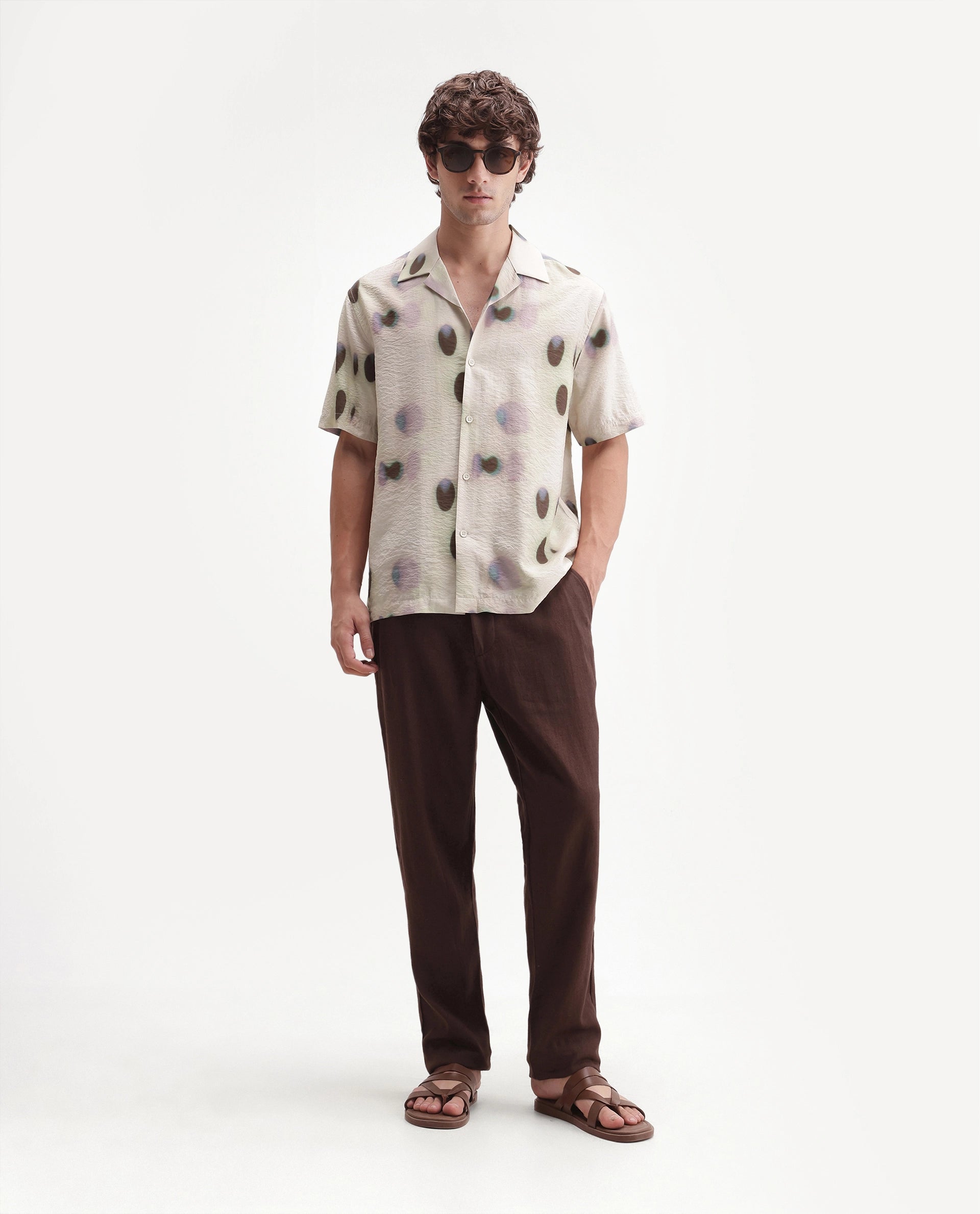 Rare Rabbit Men's Kolp Primary White Viscose Blend Cuban Collar Button Relaxed Polka Print Shirt