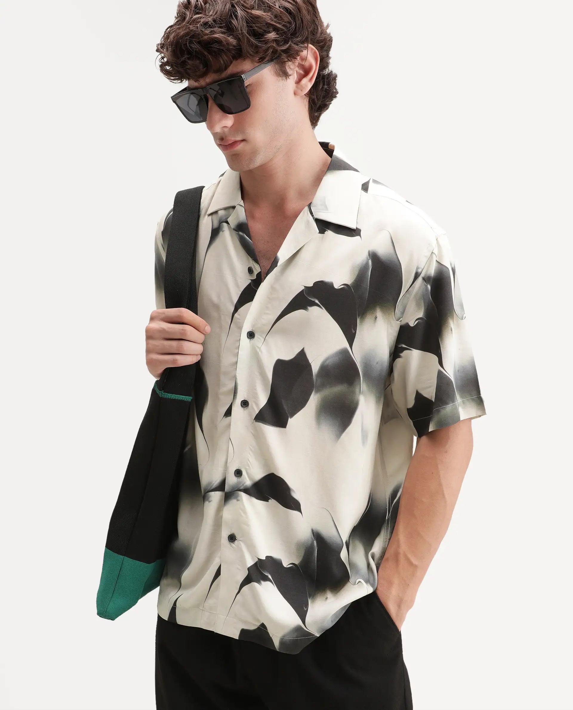 Rare Rabbit Men's Baxi Primary Off White Viscose Cuban Collar Button Relaxed Abstract Print Shirt