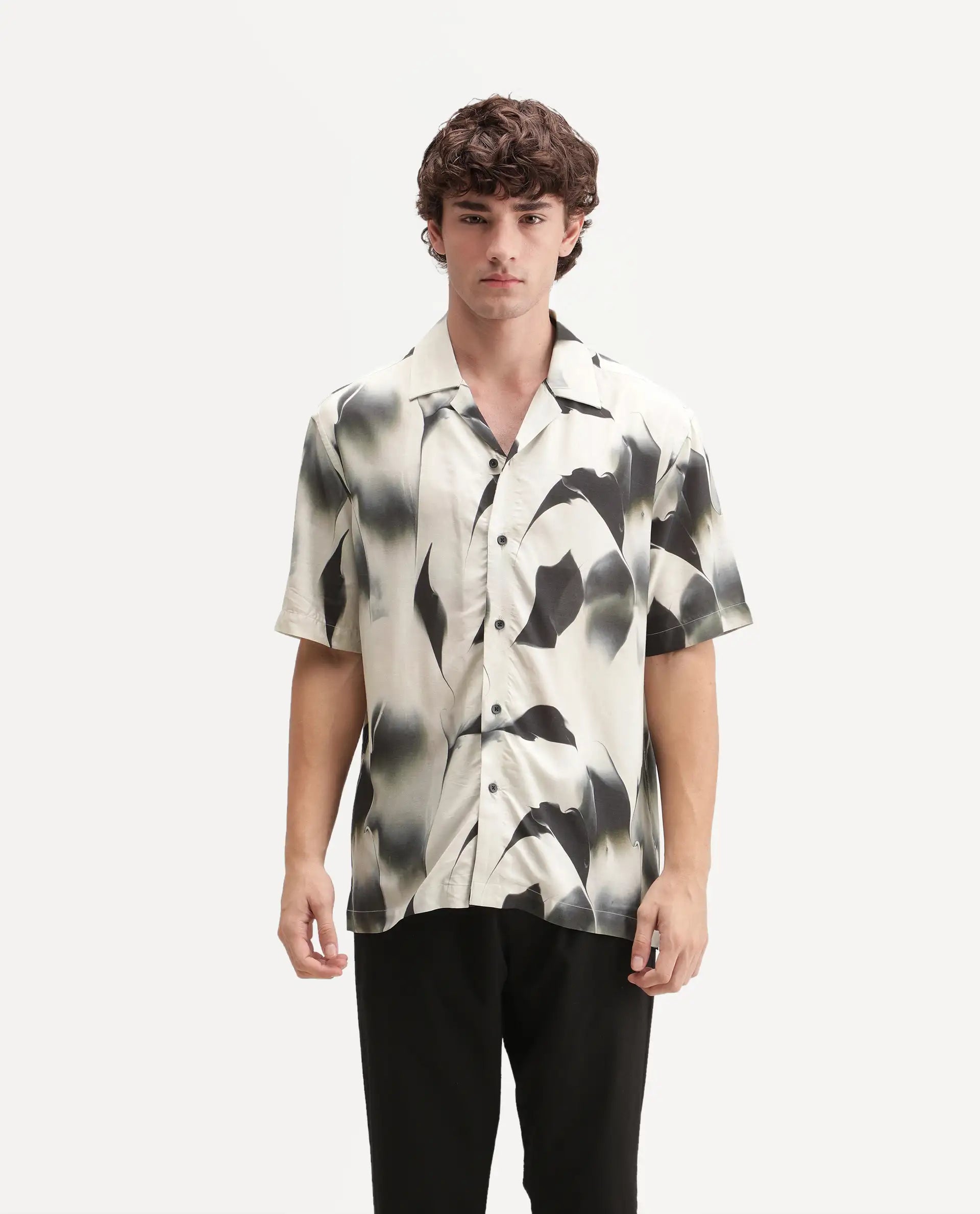 Rare Rabbit Men's Baxi Primary Off White Viscose Cuban Collar Button Relaxed Abstract Print Shirt