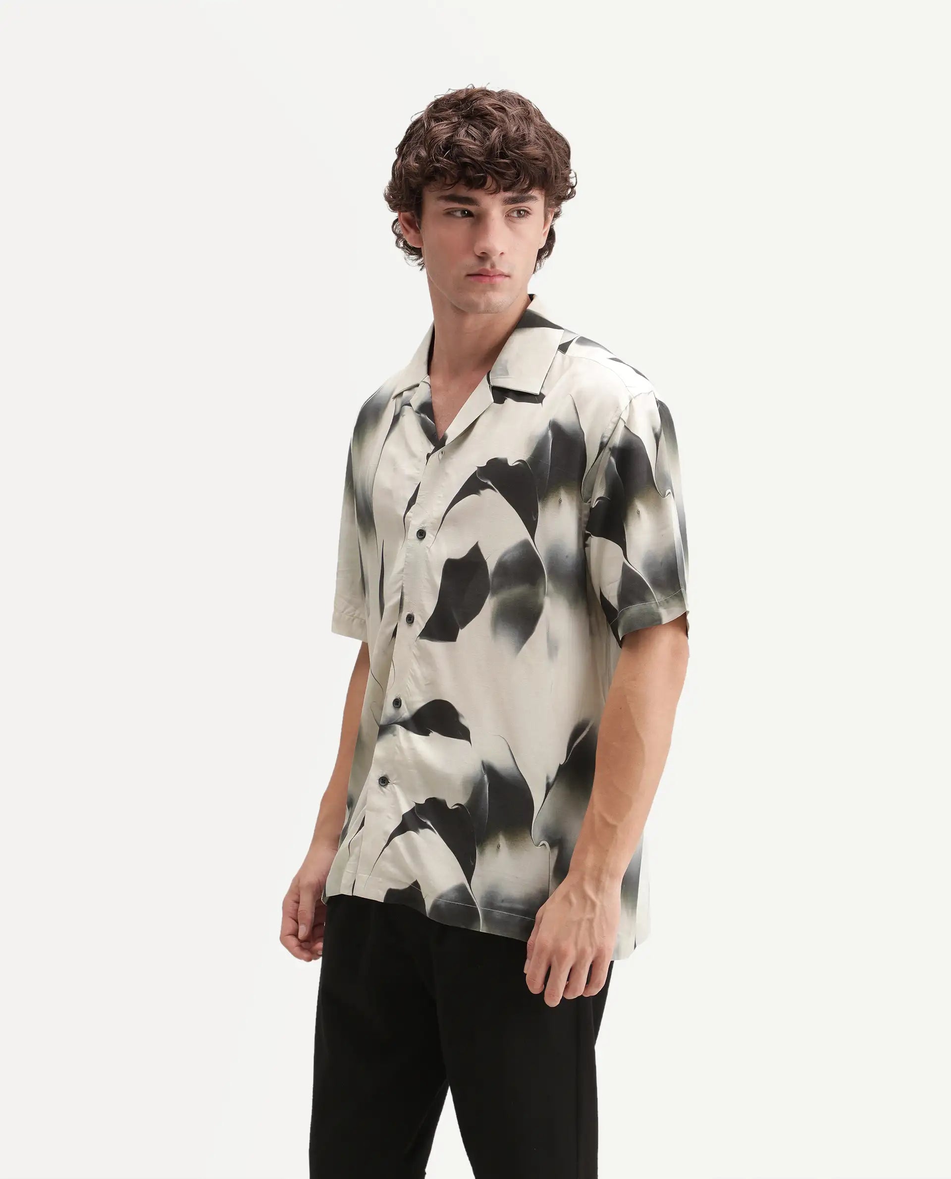 Rare Rabbit Men's Baxi Primary Off White Viscose Cuban Collar Button Relaxed Abstract Print Shirt