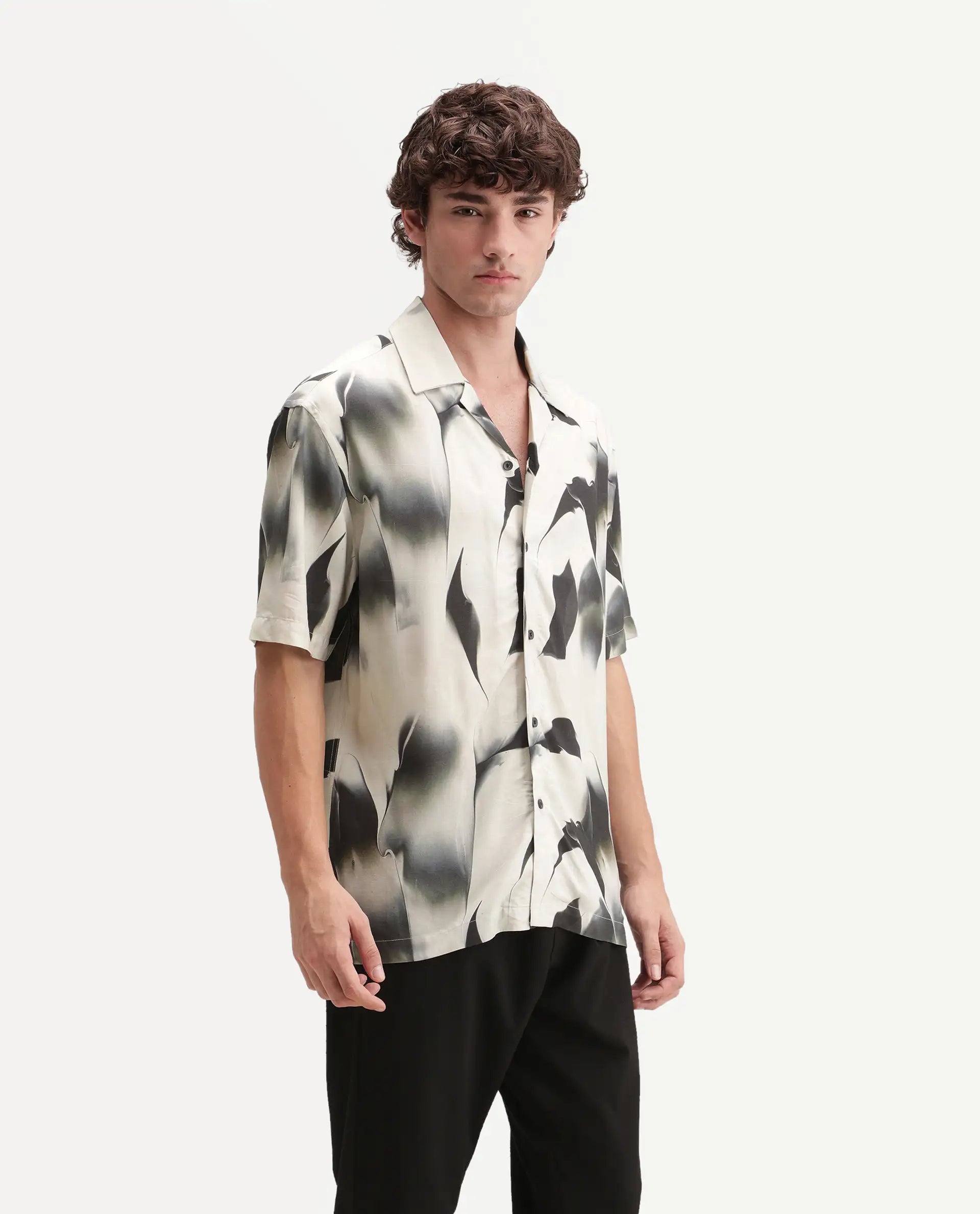 Rare Rabbit Men's Baxi Primary Off White Viscose Cuban Collar Button Relaxed Abstract Print Shirt