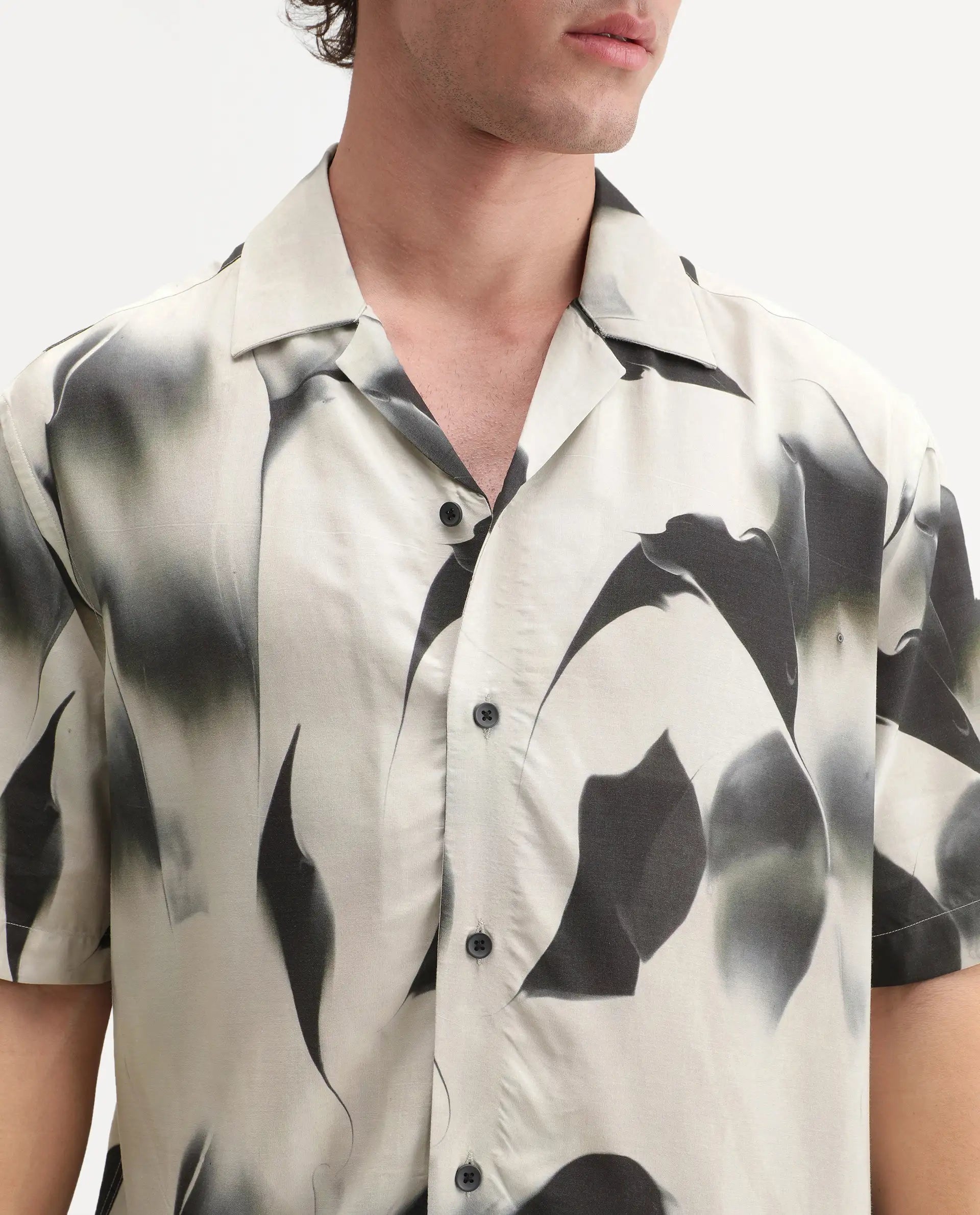 Rare Rabbit Men's Baxi Primary Off White Viscose Cuban Collar Button Relaxed Abstract Print Shirt