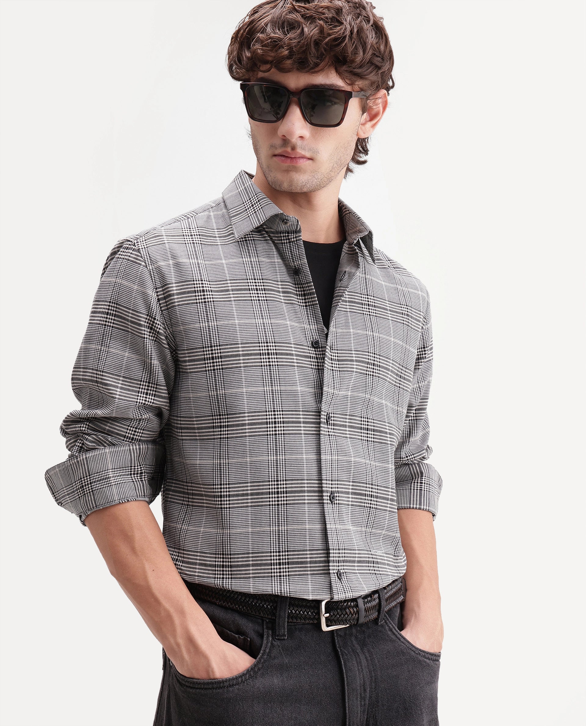 Rare Rabbit Men's Act Grey Cotton Spread Collar Button Regular Checked Shirt
