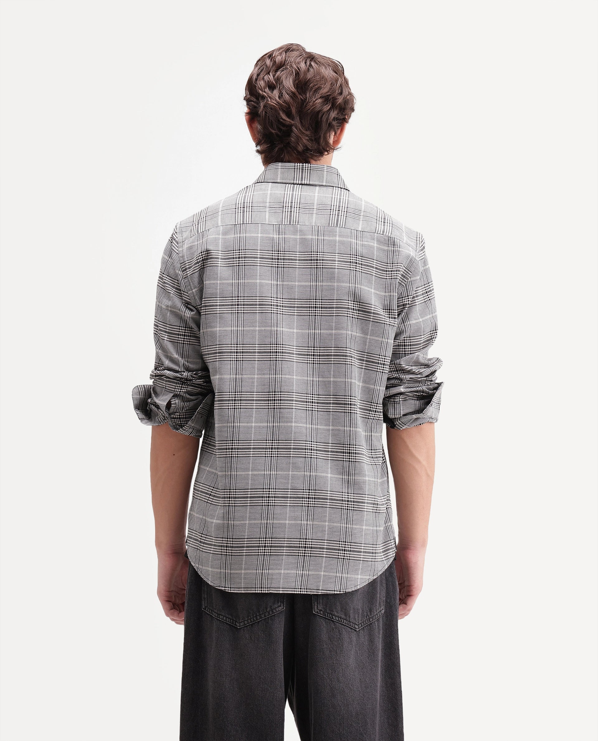 Rare Rabbit Men's Act Grey Cotton Spread Collar Button Regular Checked Shirt