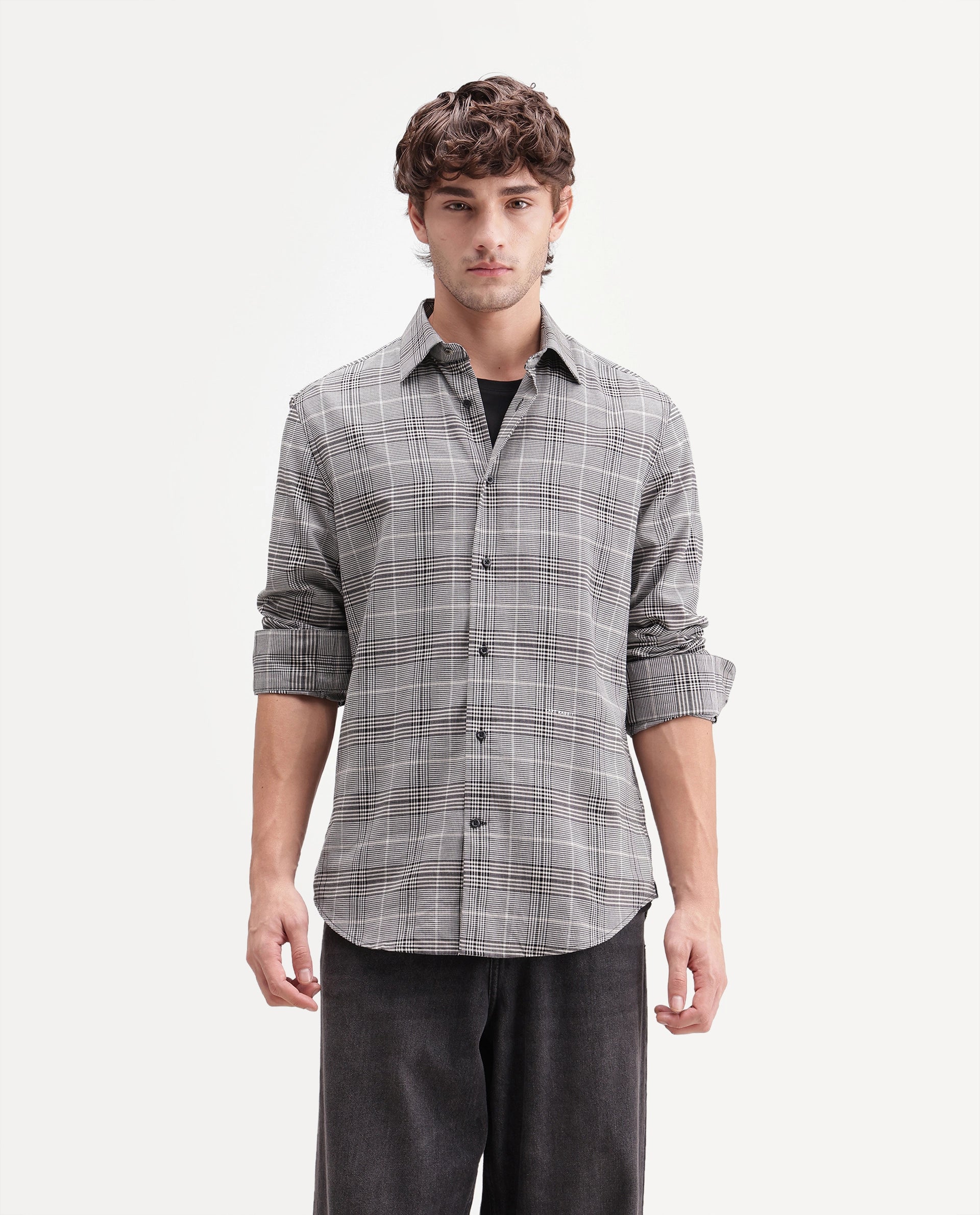 Rare Rabbit Men's Act Grey Cotton Spread Collar Button Regular Checked Shirt