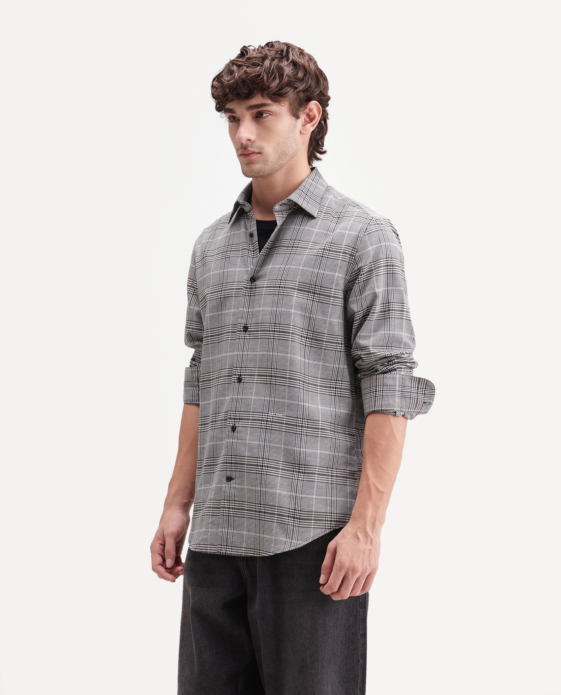 Rare Rabbit Men's Act Grey Cotton Spread Collar Button Regular Checked Shirt