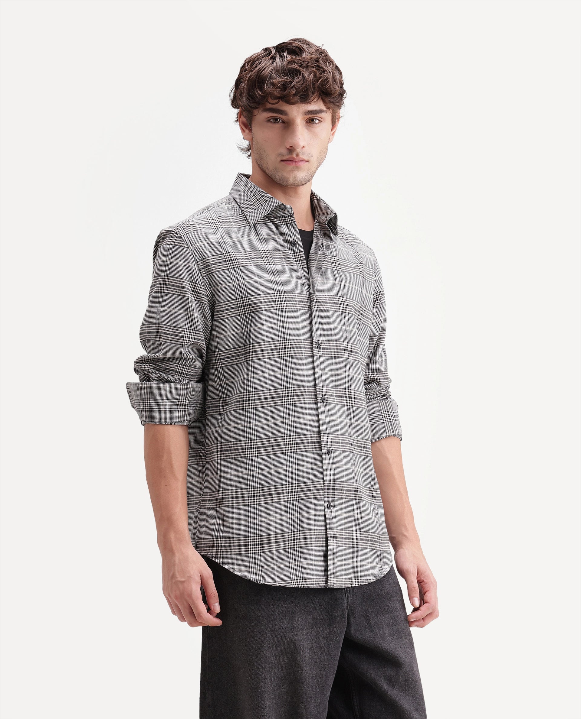 Rare Rabbit Men's Act Grey Cotton Spread Collar Button Regular Checked Shirt