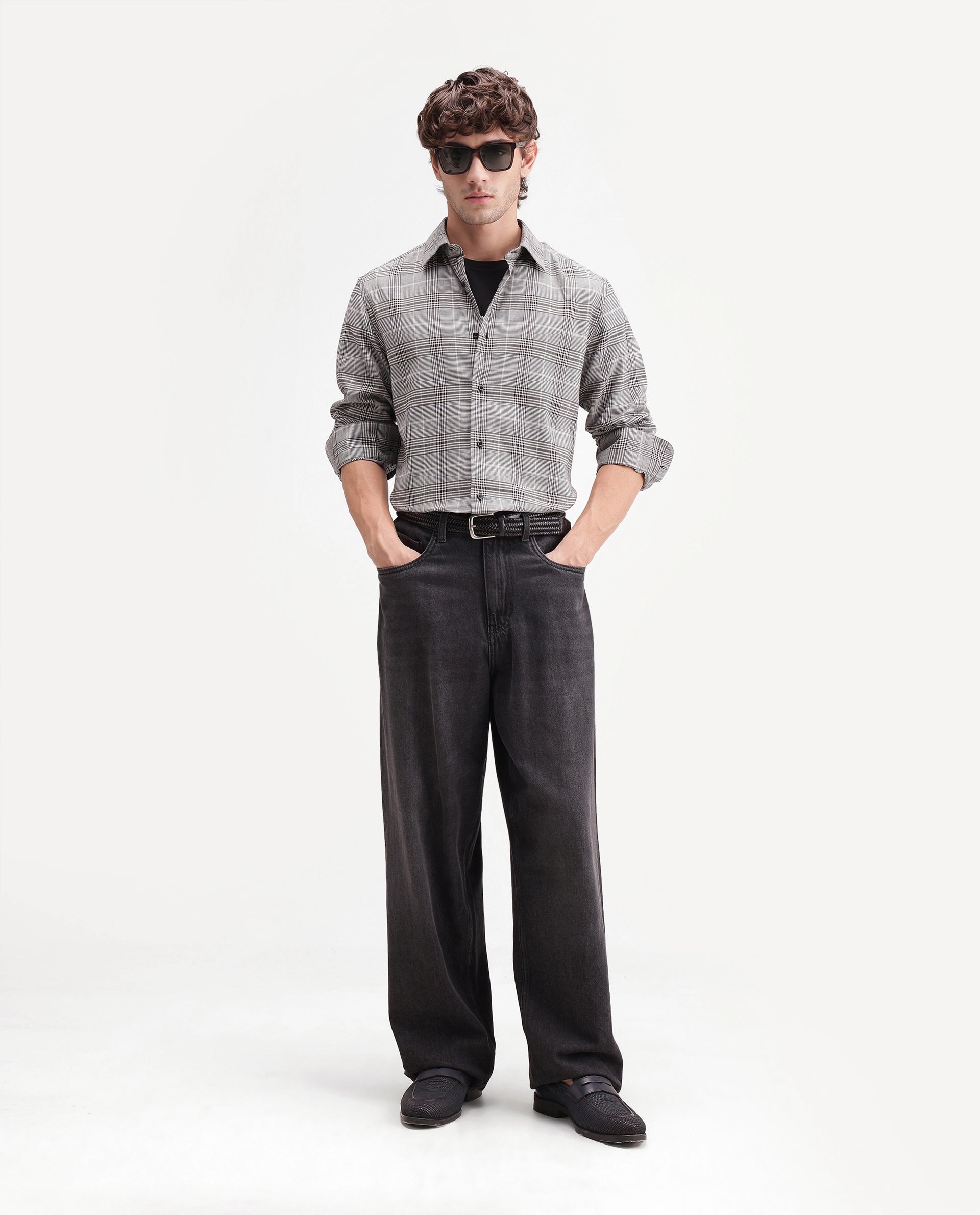 Rare Rabbit Men's Act Grey Cotton Spread Collar Button Regular Checked Shirt