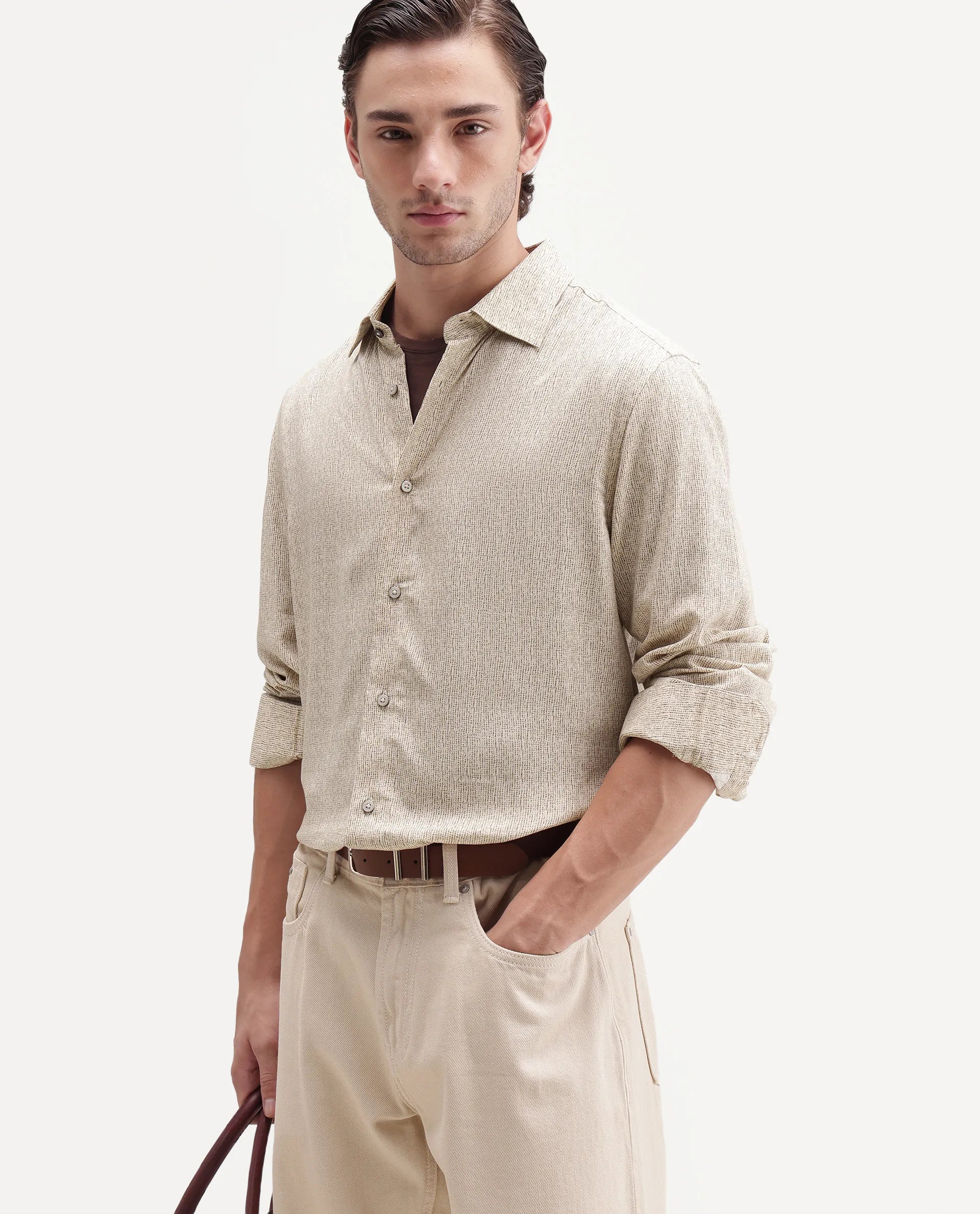 Rare Rabbit Men's Malo Dusky Beige Viscose Spread Collar Button Regular Geometric Print Shirt