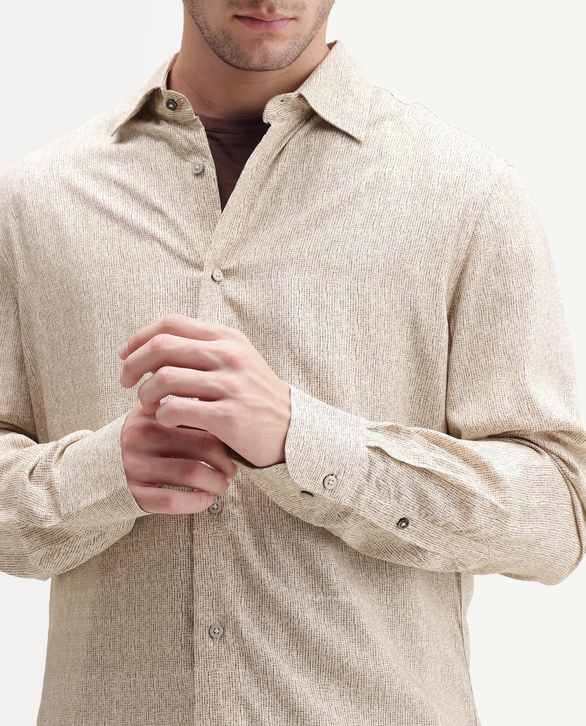 Rare Rabbit Men's Malo Dusky Beige Viscose Spread Collar Button Regular Geometric Print Shirt