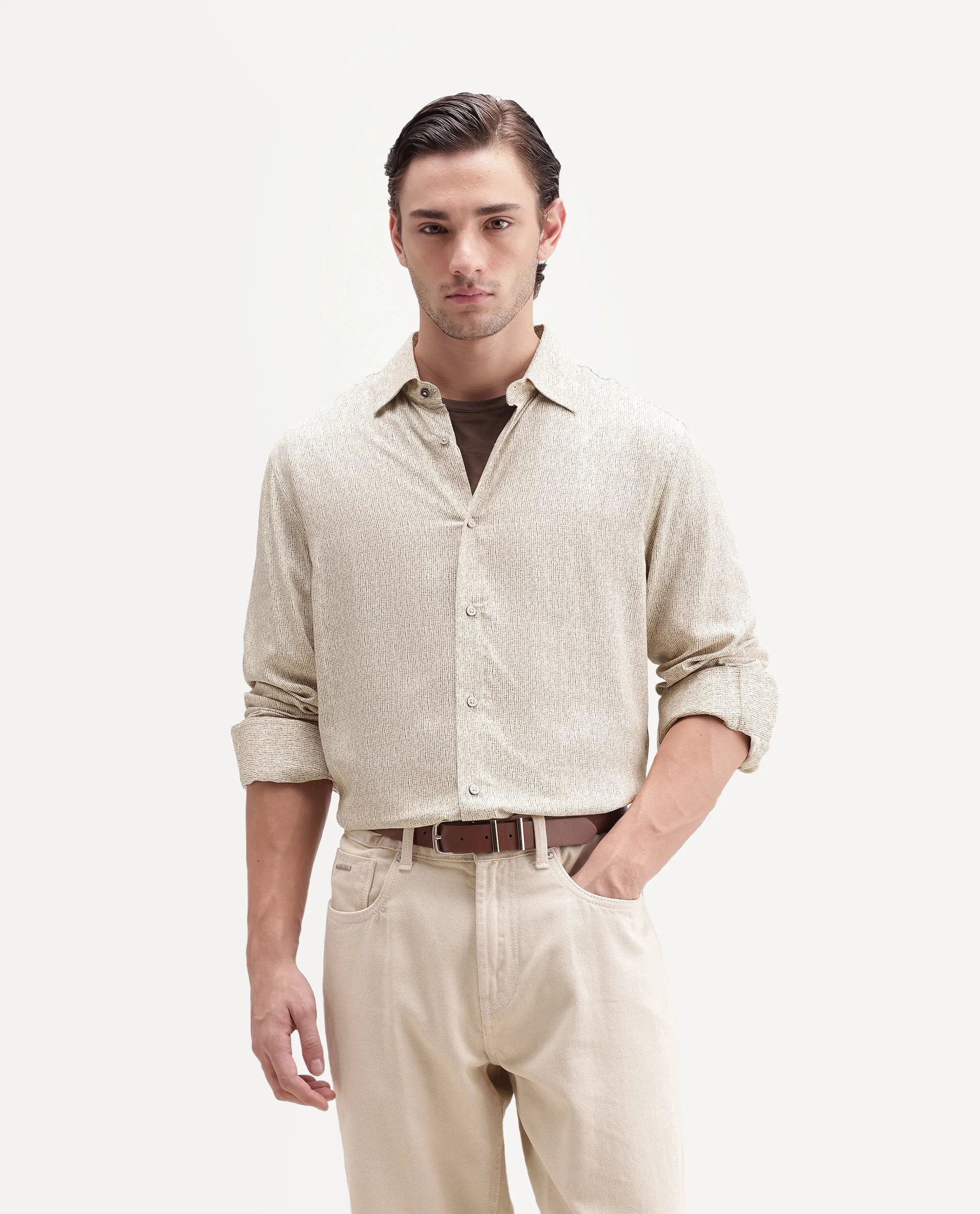 Rare Rabbit Men's Malo Dusky Beige Viscose Spread Collar Button Regular Geometric Print Shirt